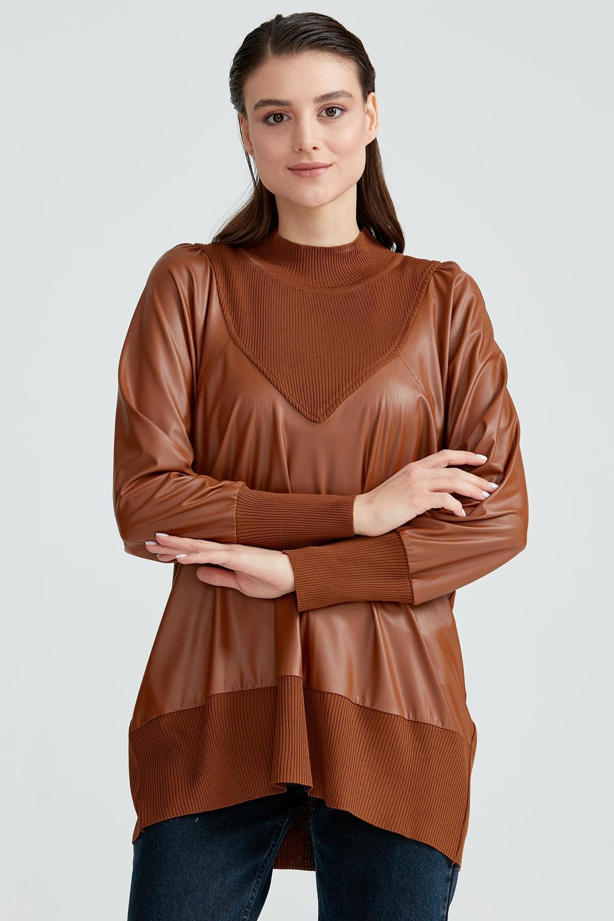 DERİ KOMBİNLİ TRİKO TUNİK KAHVE