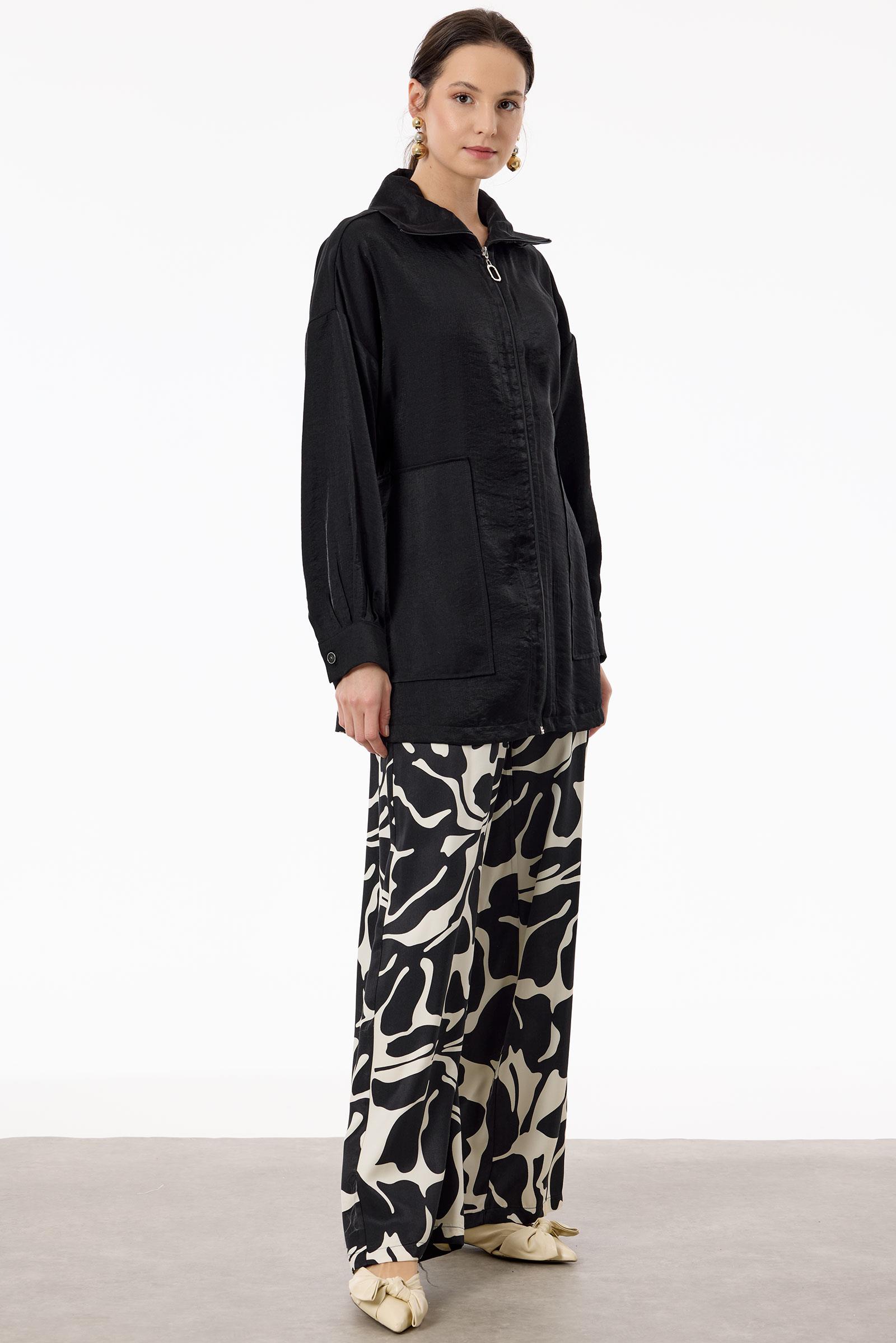 Desenli Pallazzo Pantolon Takım SİYAH