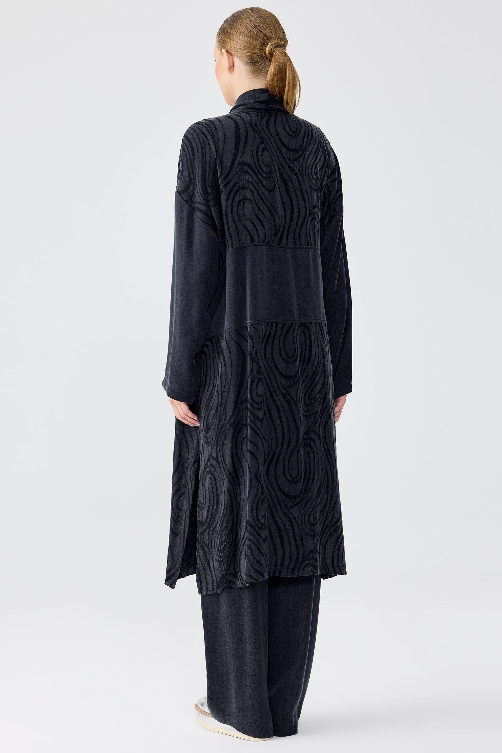 Desenli Ve Düz Kumaş Kombinli Uzun Hırka Takım SİYAH