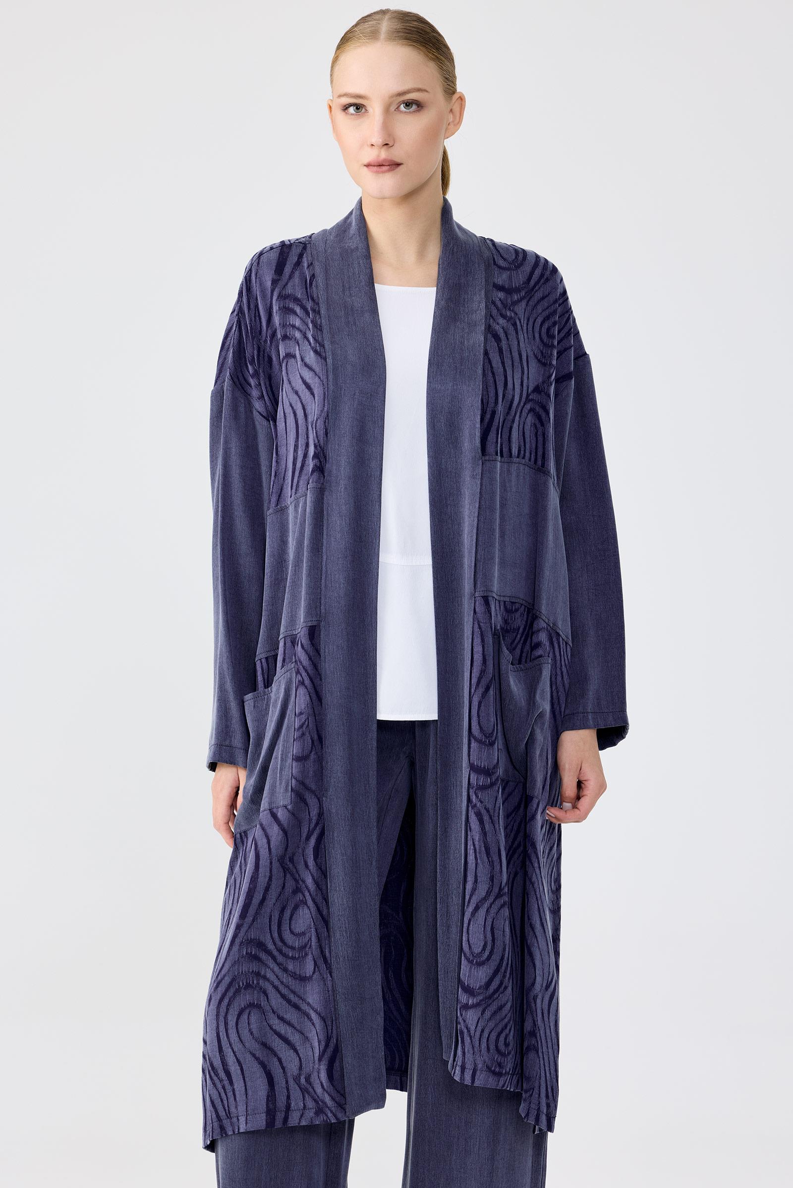 Desenli Ve Düz Kumaş Kombinli Uzun Hırka Takım LACİVERT