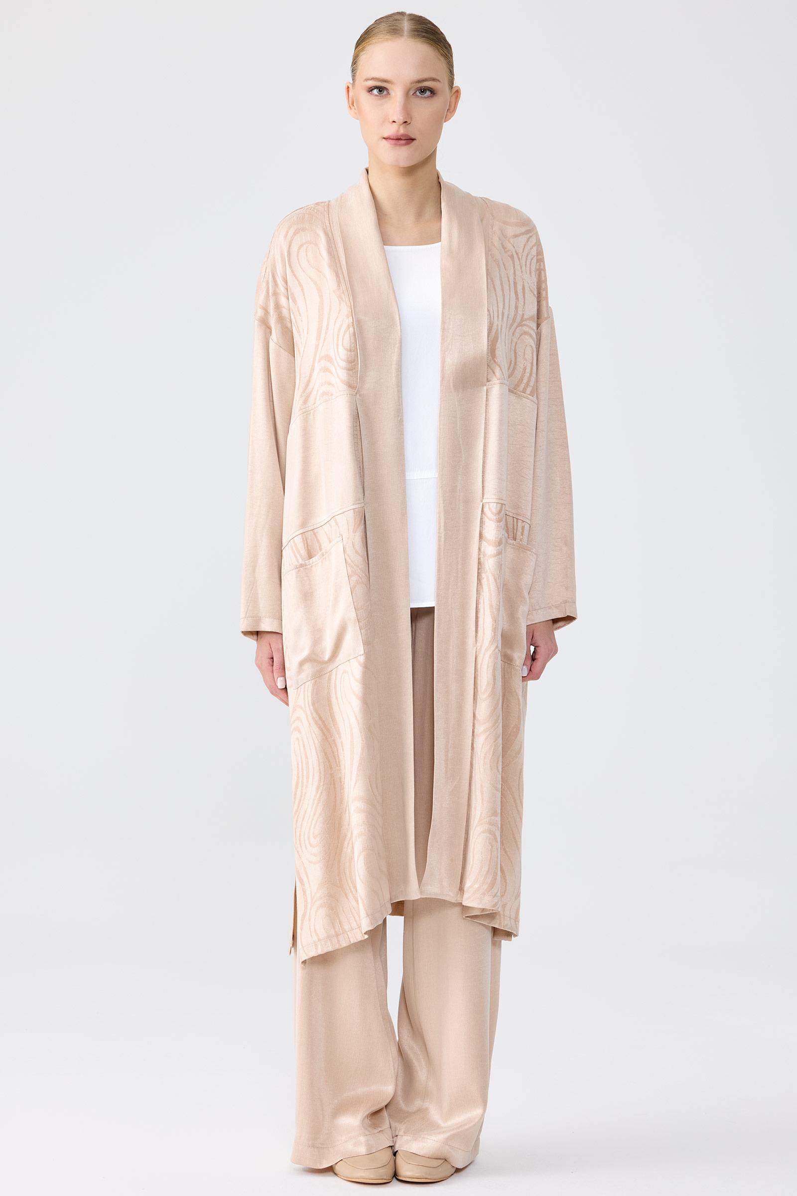 Desenli Ve Düz Kumaş Kombinli Uzun Hırka Takım BEJ