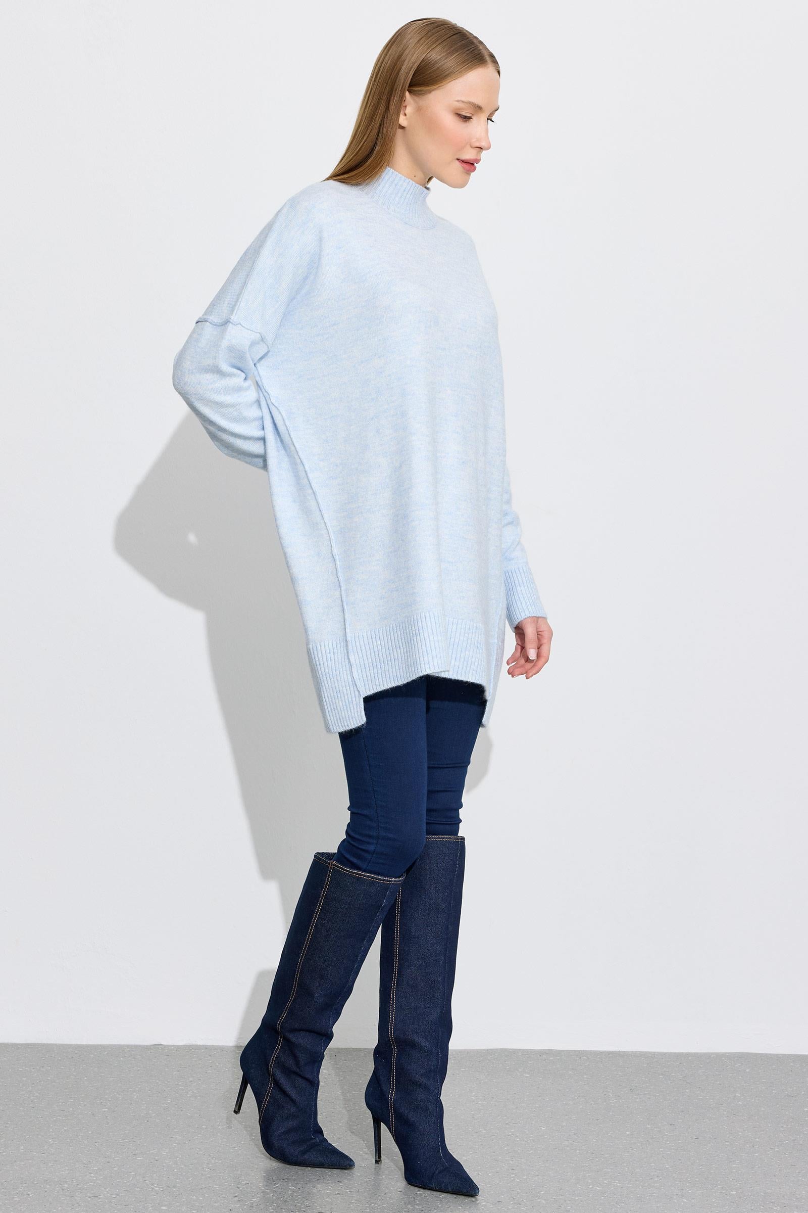 Dikiş Detaylı Basic Triko Tunik MAVİ