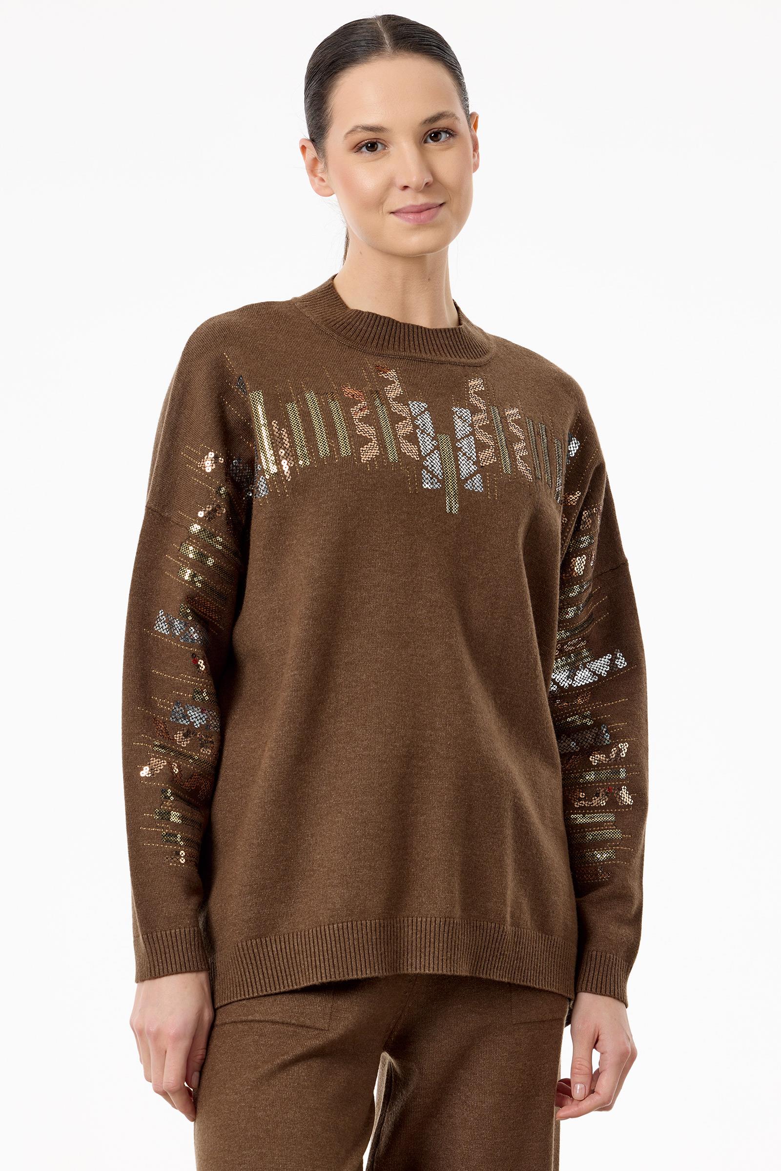 Etnik Desenli Taşlı Triko Pantolon Takım KAHVE