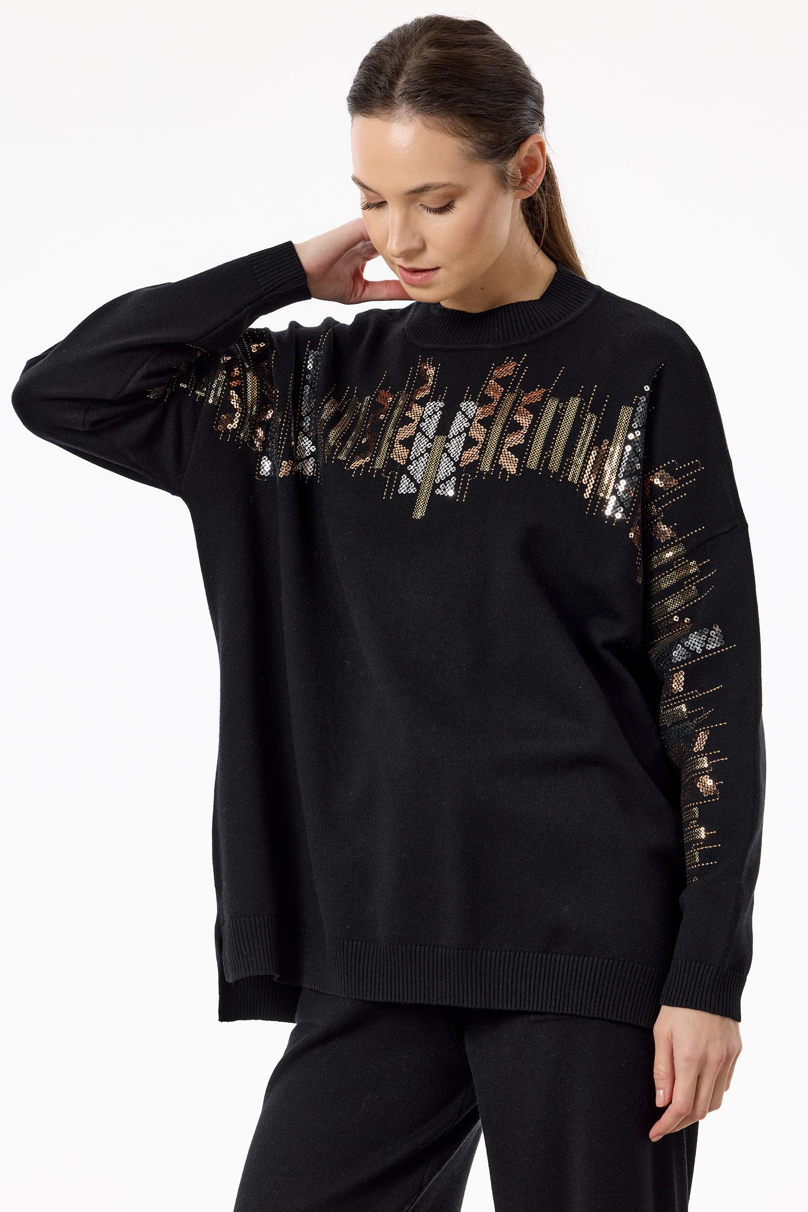 Etnik Desenli Taşlı Triko Pantolon Takım SİYAH