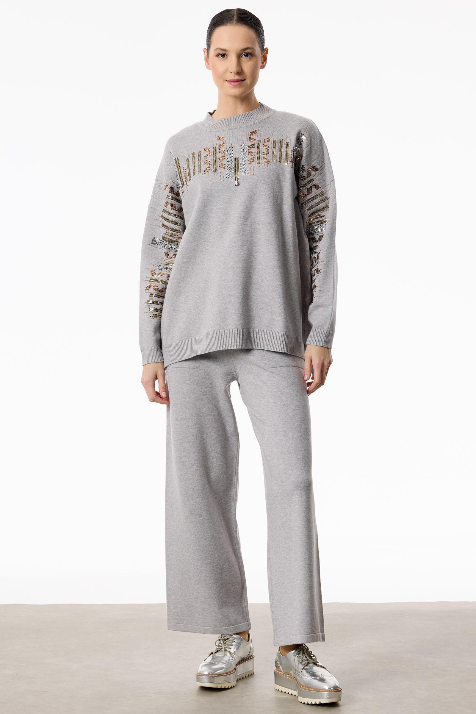 Etnik Desenli Taşlı Triko Pantolon Takım GRİ