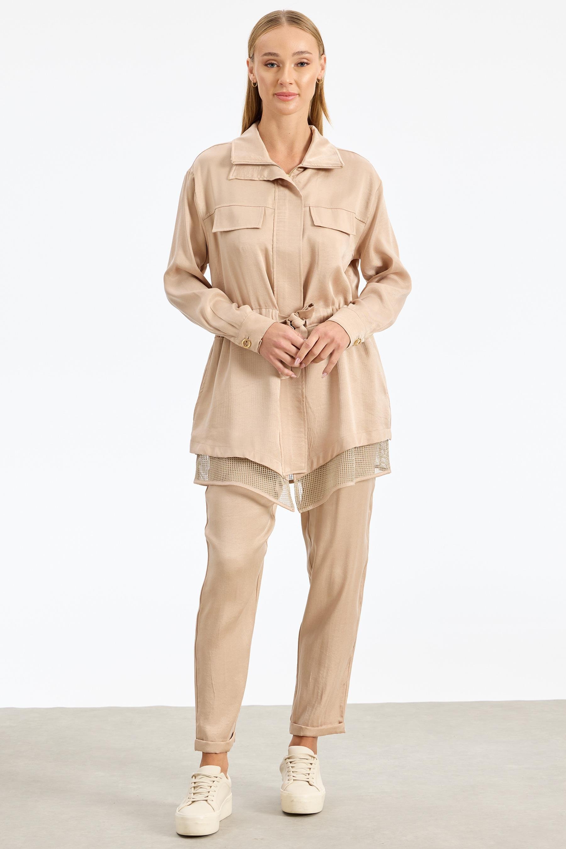 File Detaylı Ceket Pantolon Takım BEJ