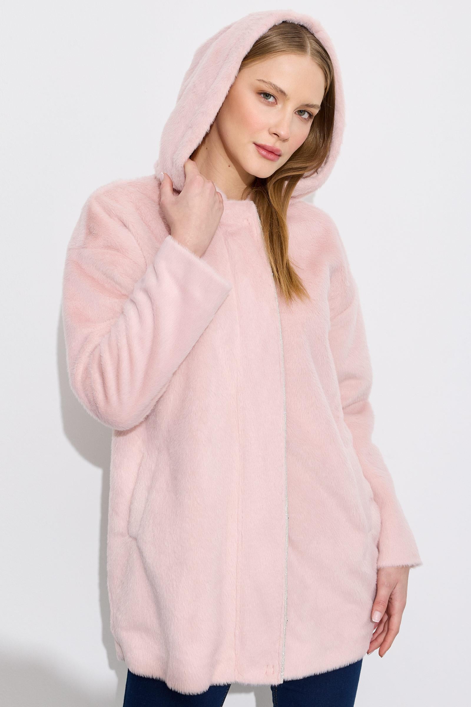 Gizli Patı Straz Taşlı Kürk Kaban PEMBE
