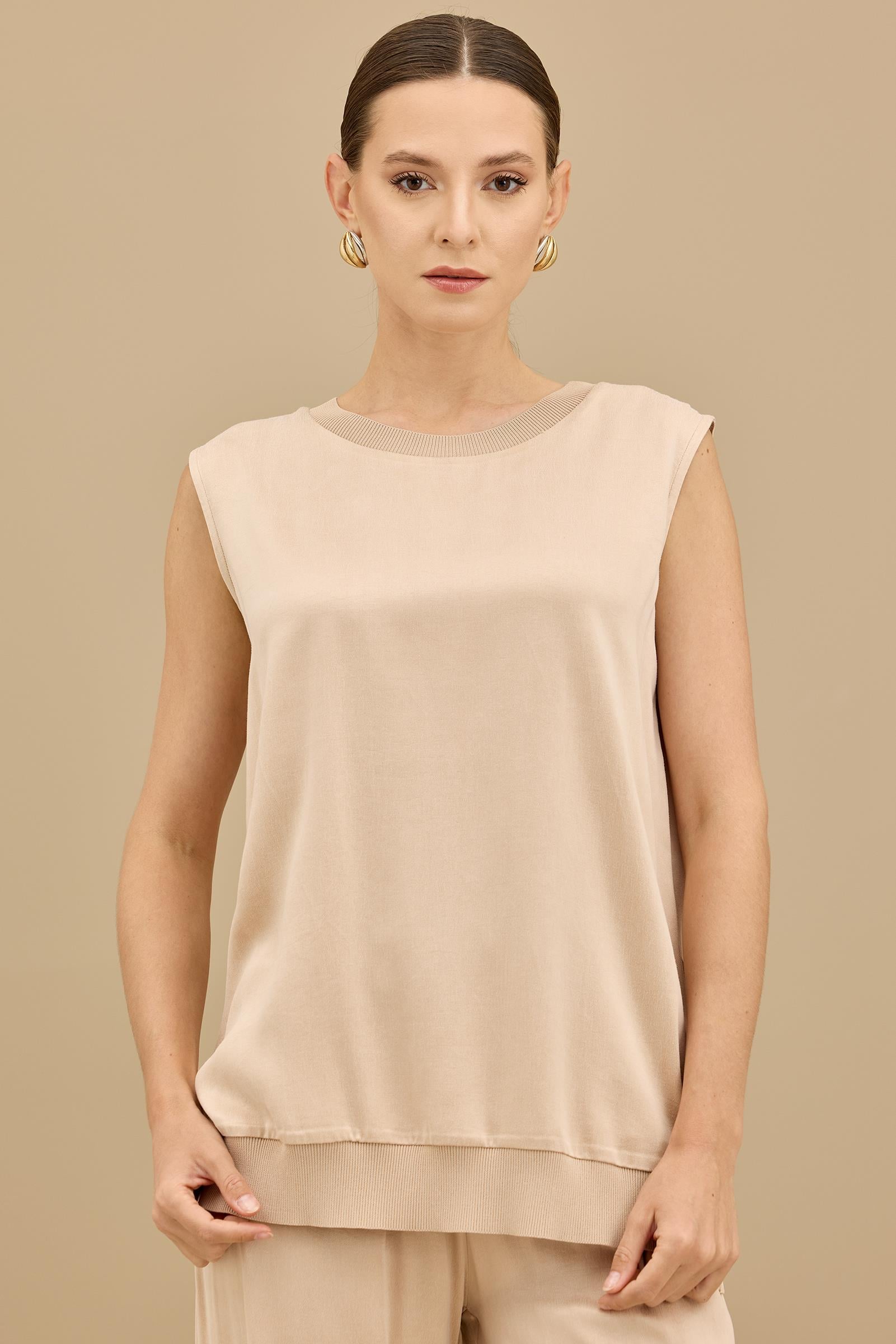 İçi Kolsuz Bluzlu Pantolonlu 3lü Set BEJ