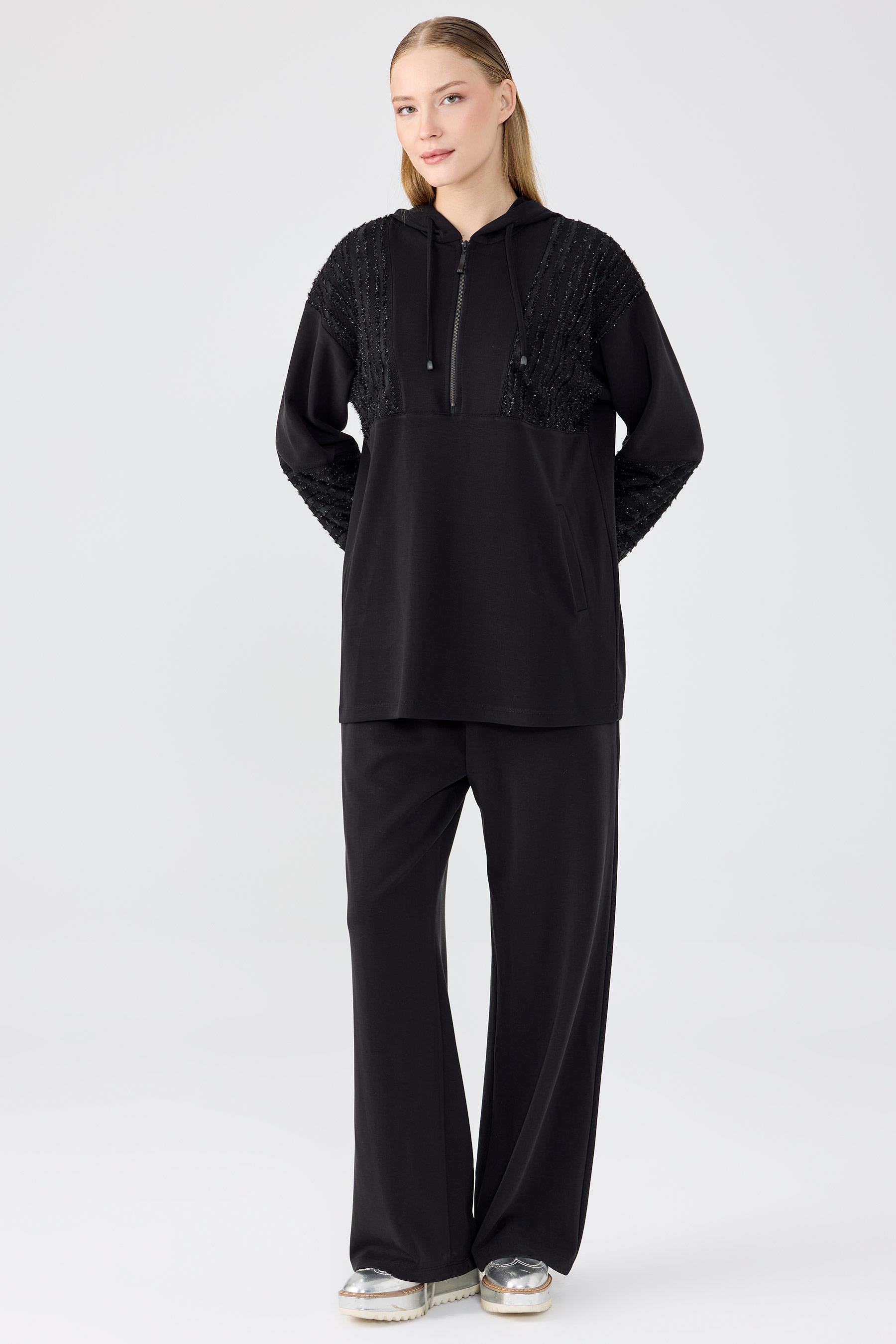 Kabartma File Kombinli Tunik Pantolon Takım SİYAH