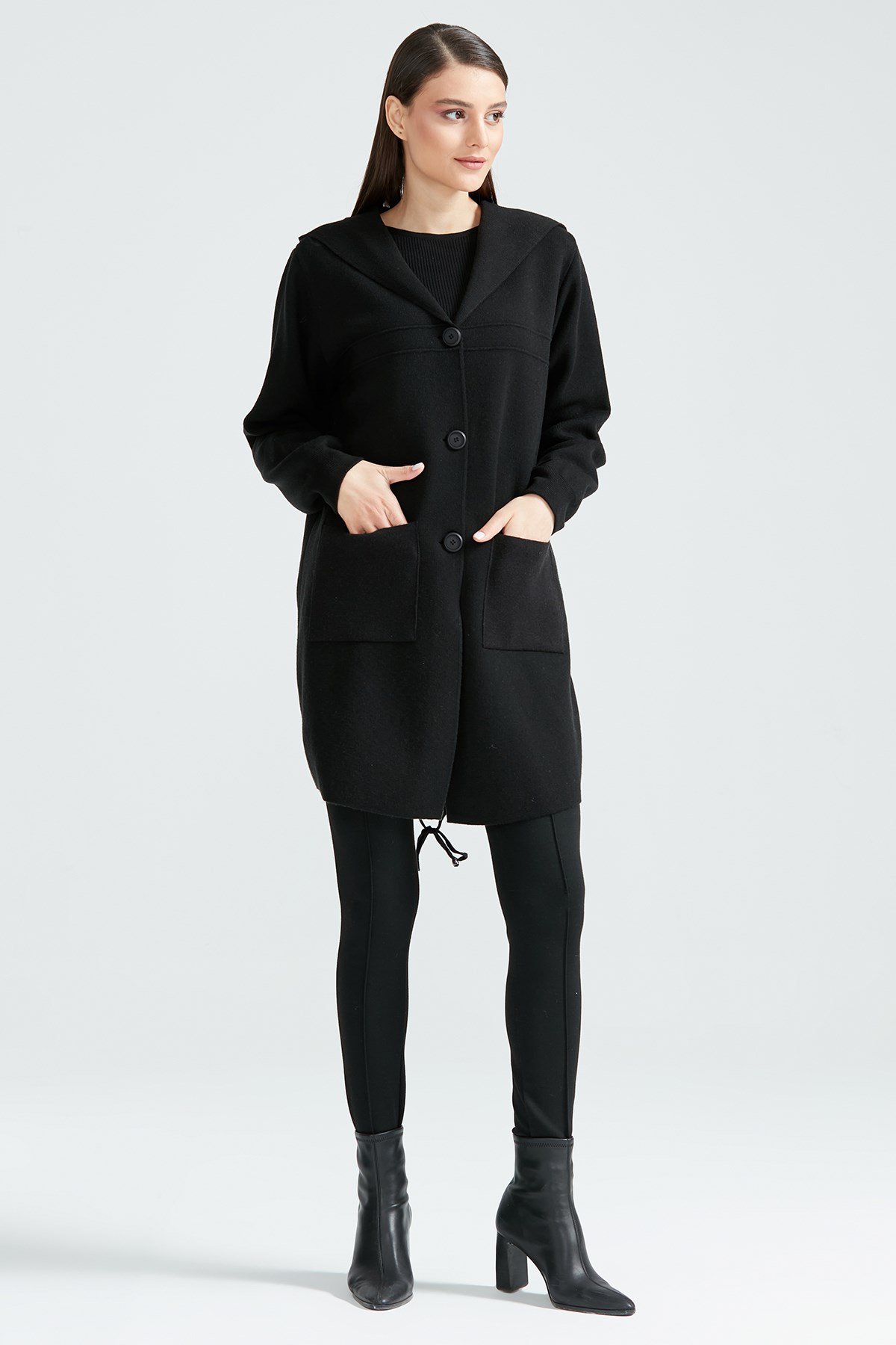 Kapşonlu Basic Triko Hırka SİYAH