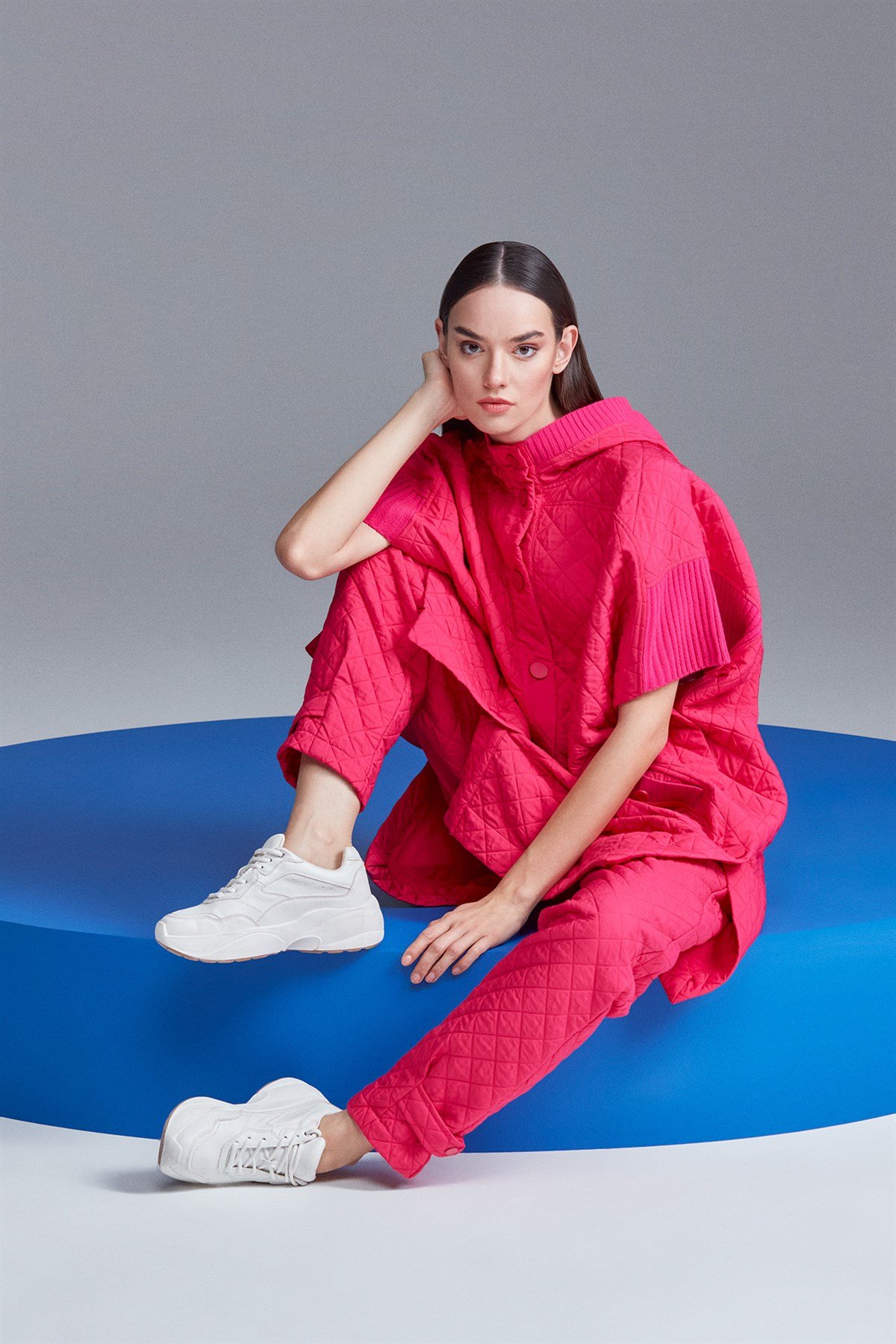 Kapüşonlu Kapitone Triko Desenli Panço FUŞYA