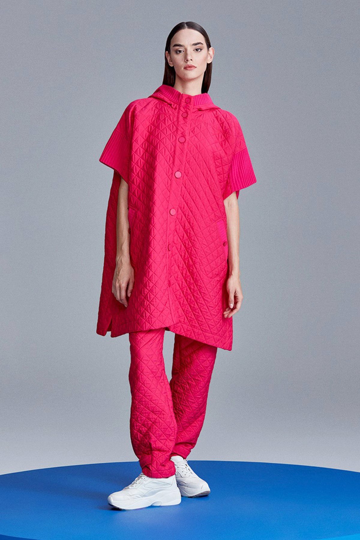 Kapüşonlu Kapitone Triko Desenli Panço FUŞYA