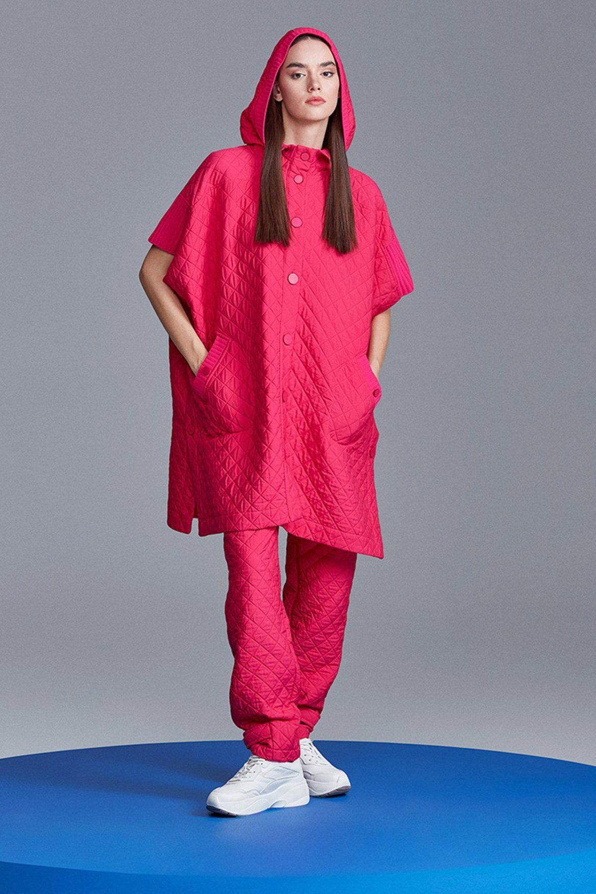 Kapüşonlu Kapitone Triko Desenli Panço FUŞYA