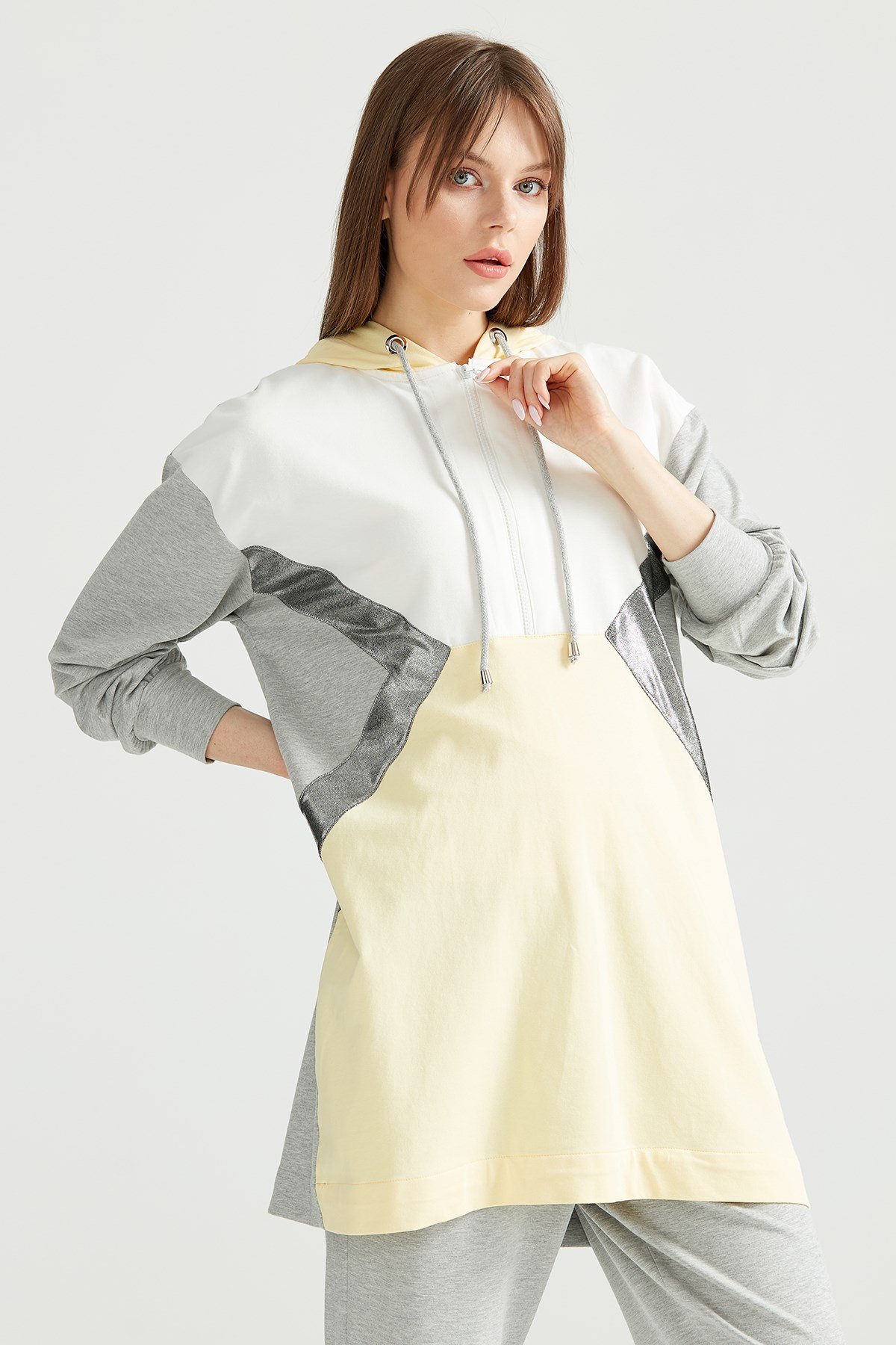 Kapüşonlu Patcwork Eşofman Takım GRİ