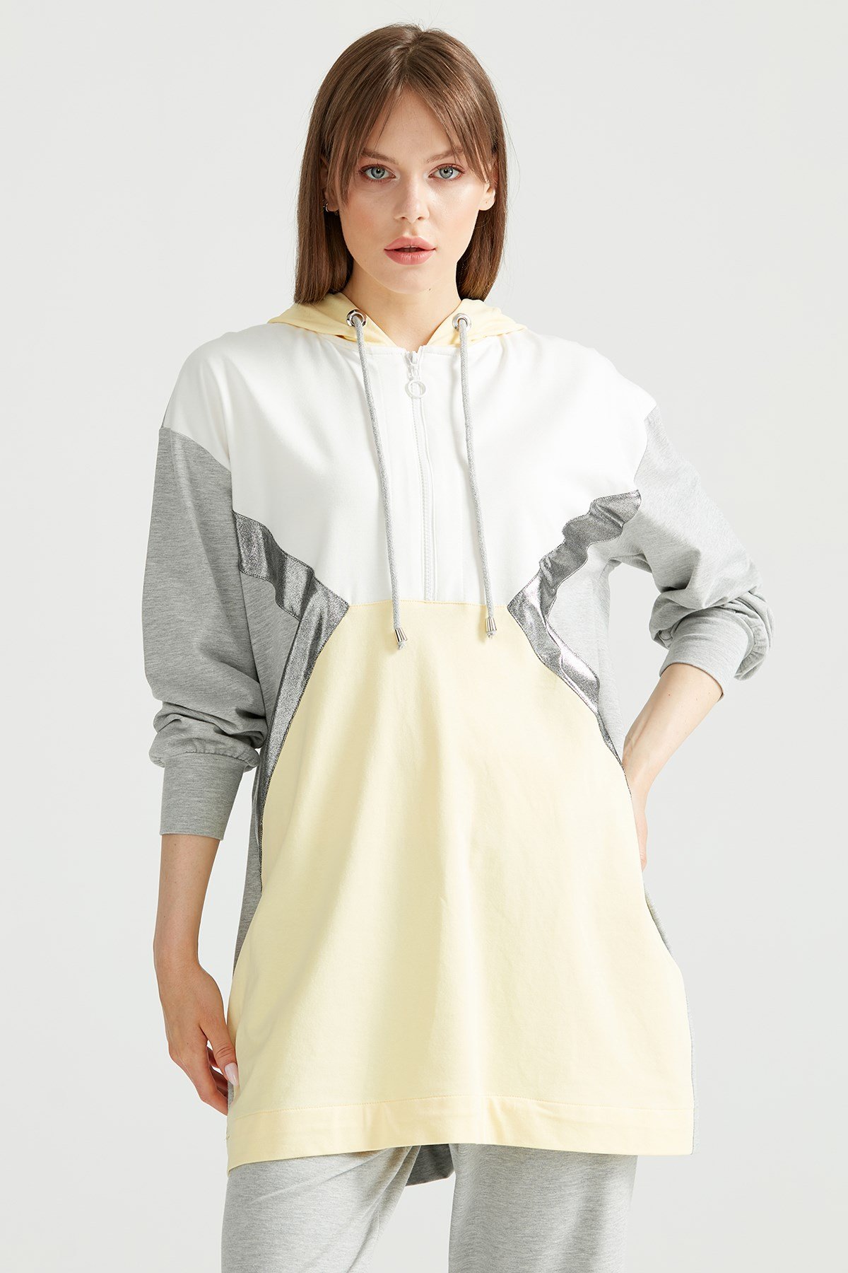 Kapüşonlu Patcwork Eşofman Takım GRİ