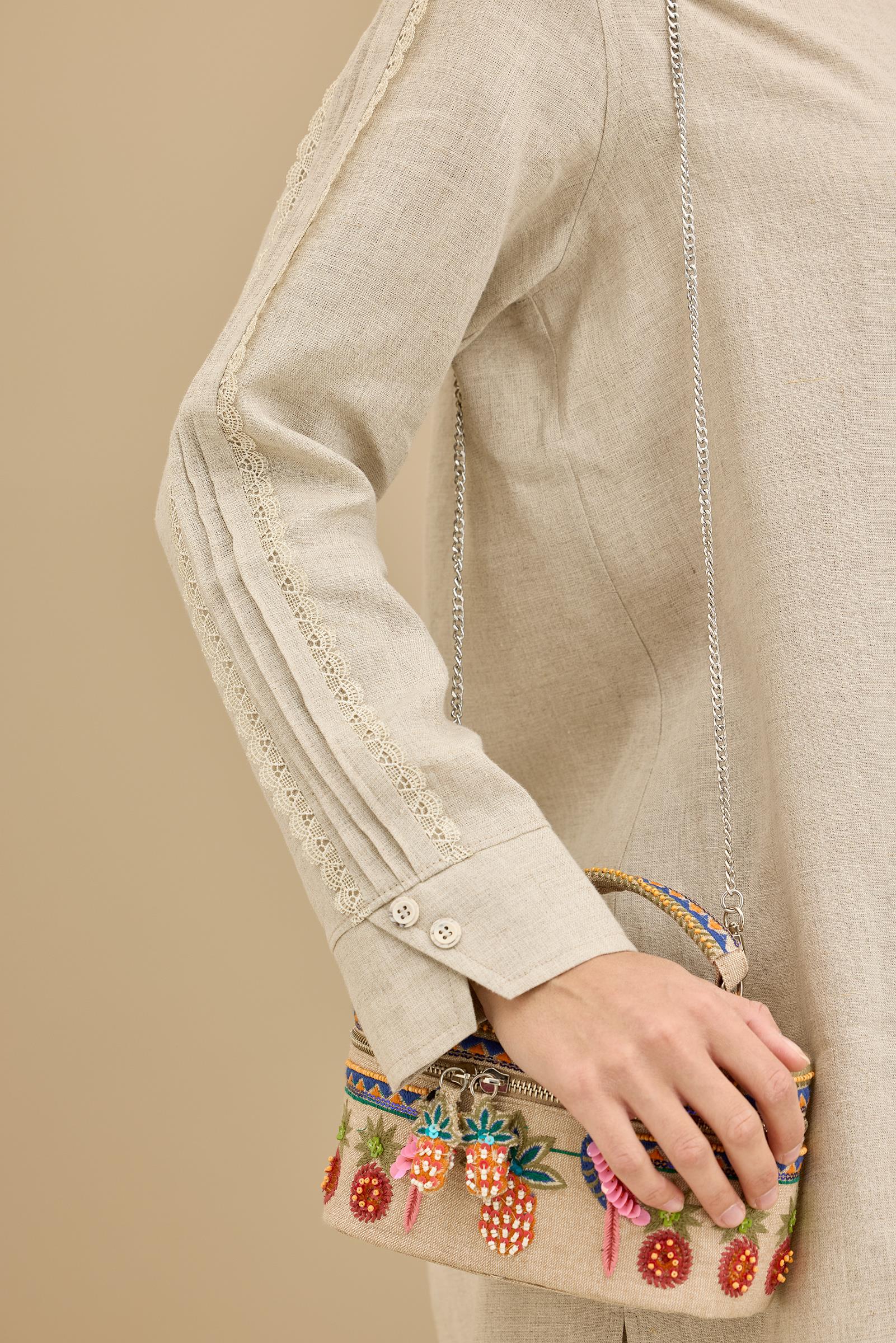 Keten Tunik Pantolon Güpürlü Takım BEJ