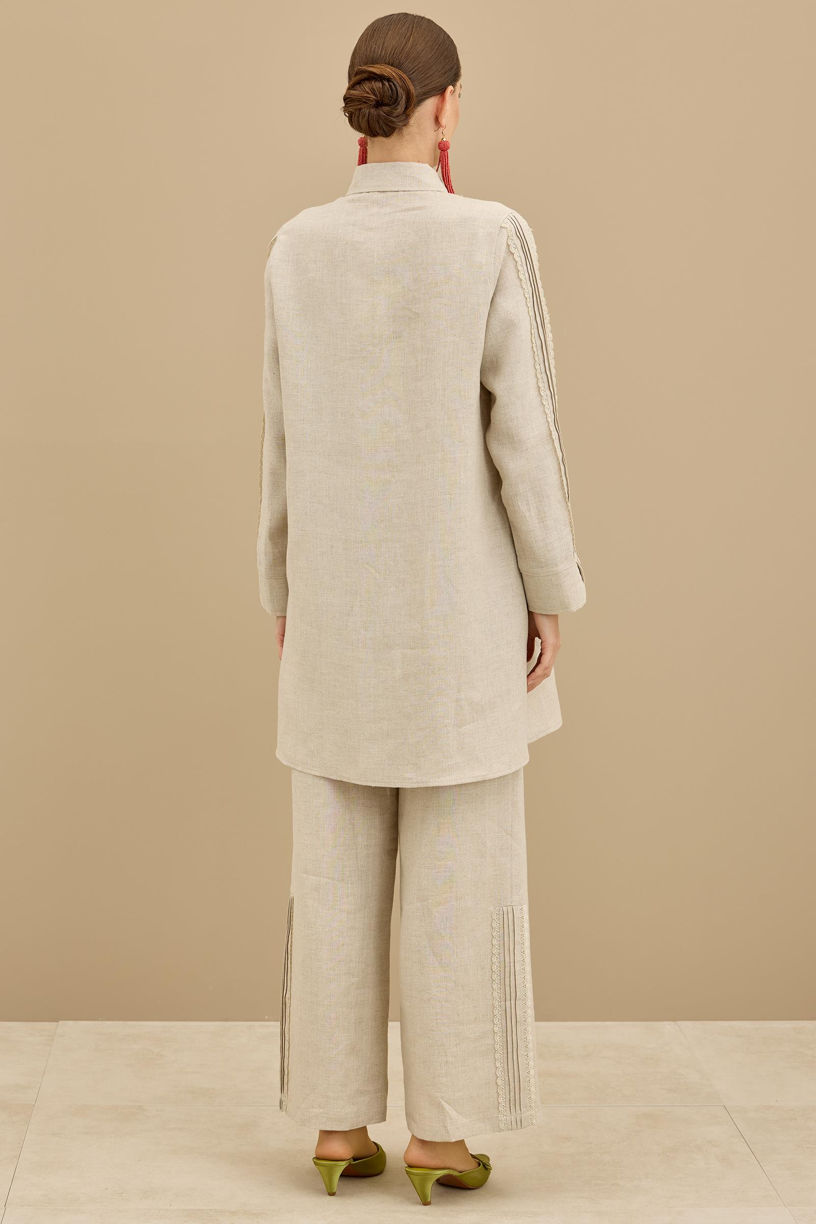 Keten Tunik Pantolon Güpürlü Takım BEJ