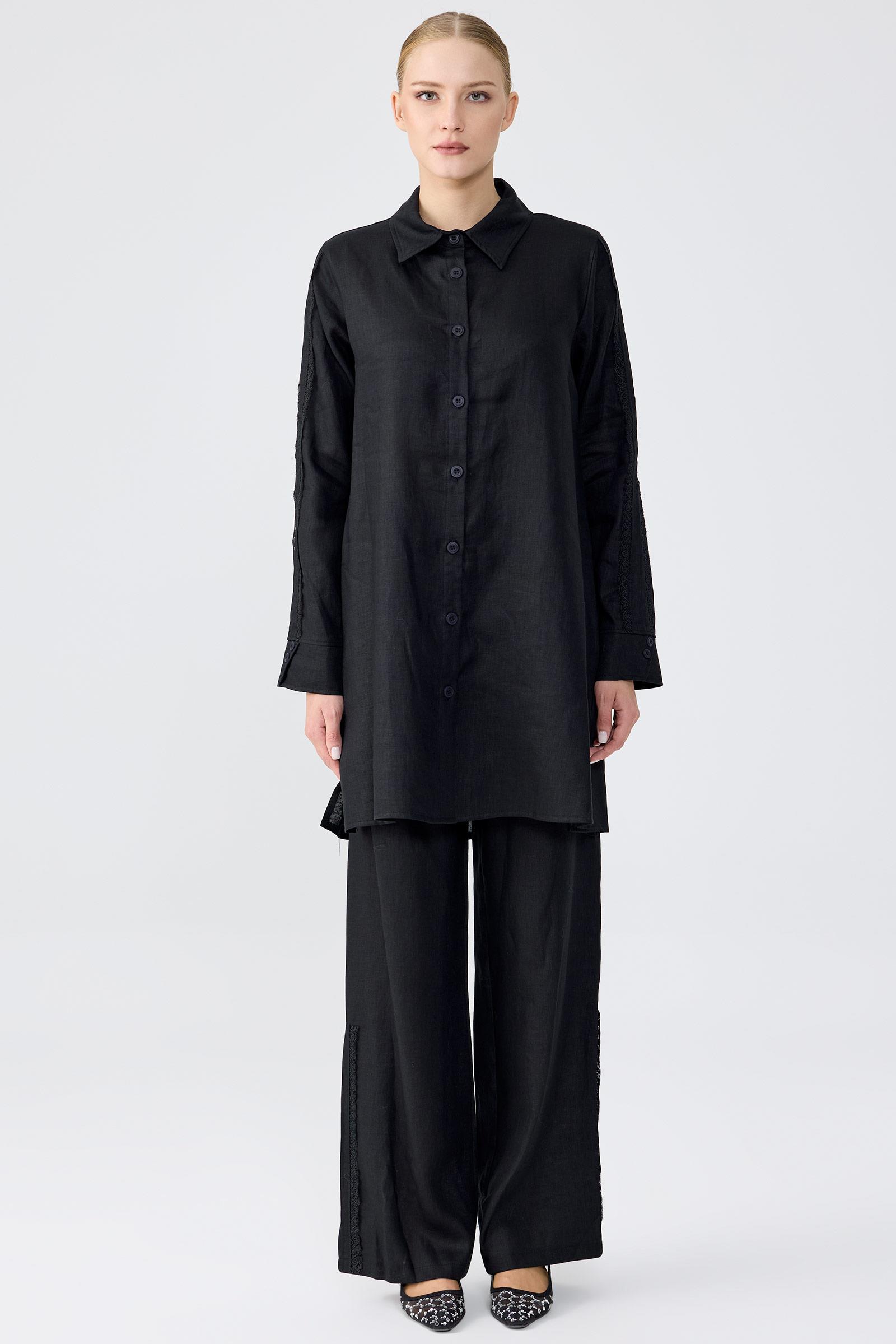 Keten Tunik Pantolon Güpürlü Takım SİYAH