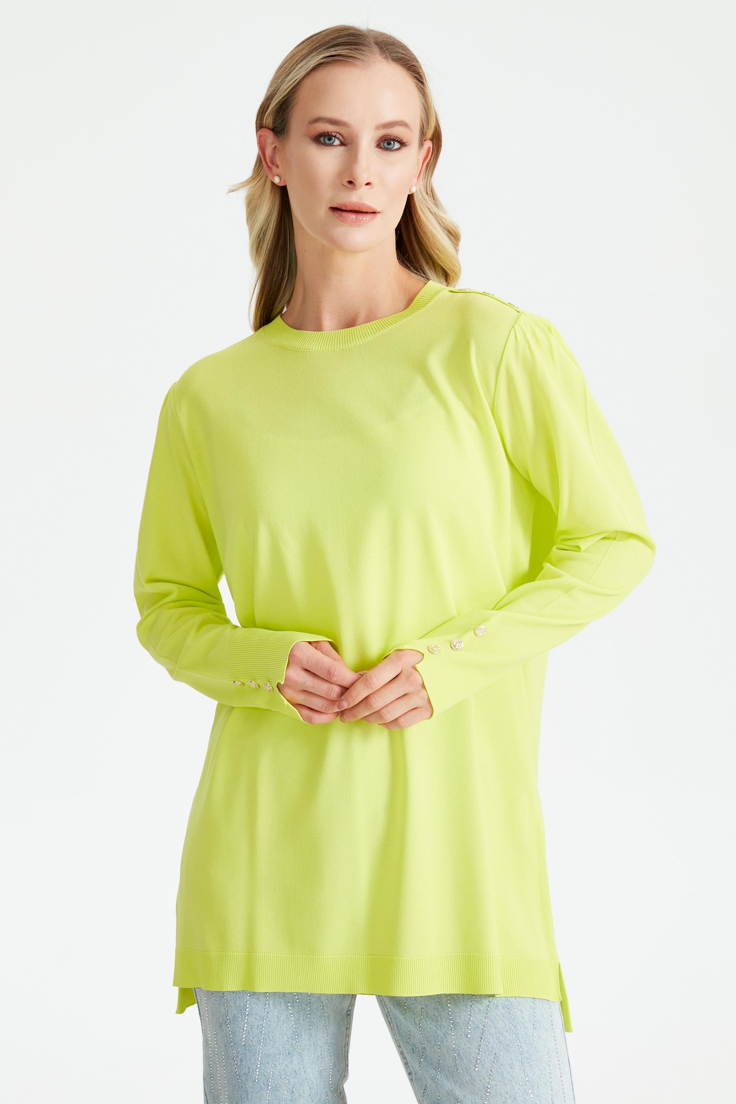 KOLLARI BÜZGÜLÜ DÜĞME DETAYLI RAYON TUNİK NEON