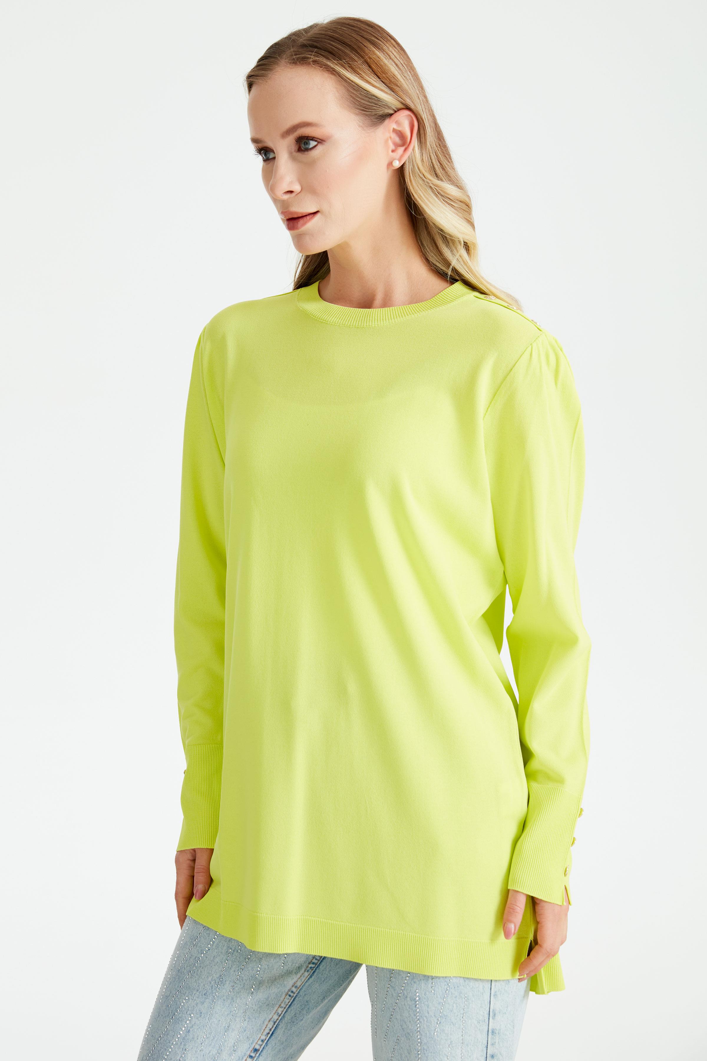 KOLLARI BÜZGÜLÜ DÜĞME DETAYLI RAYON TUNİK NEON