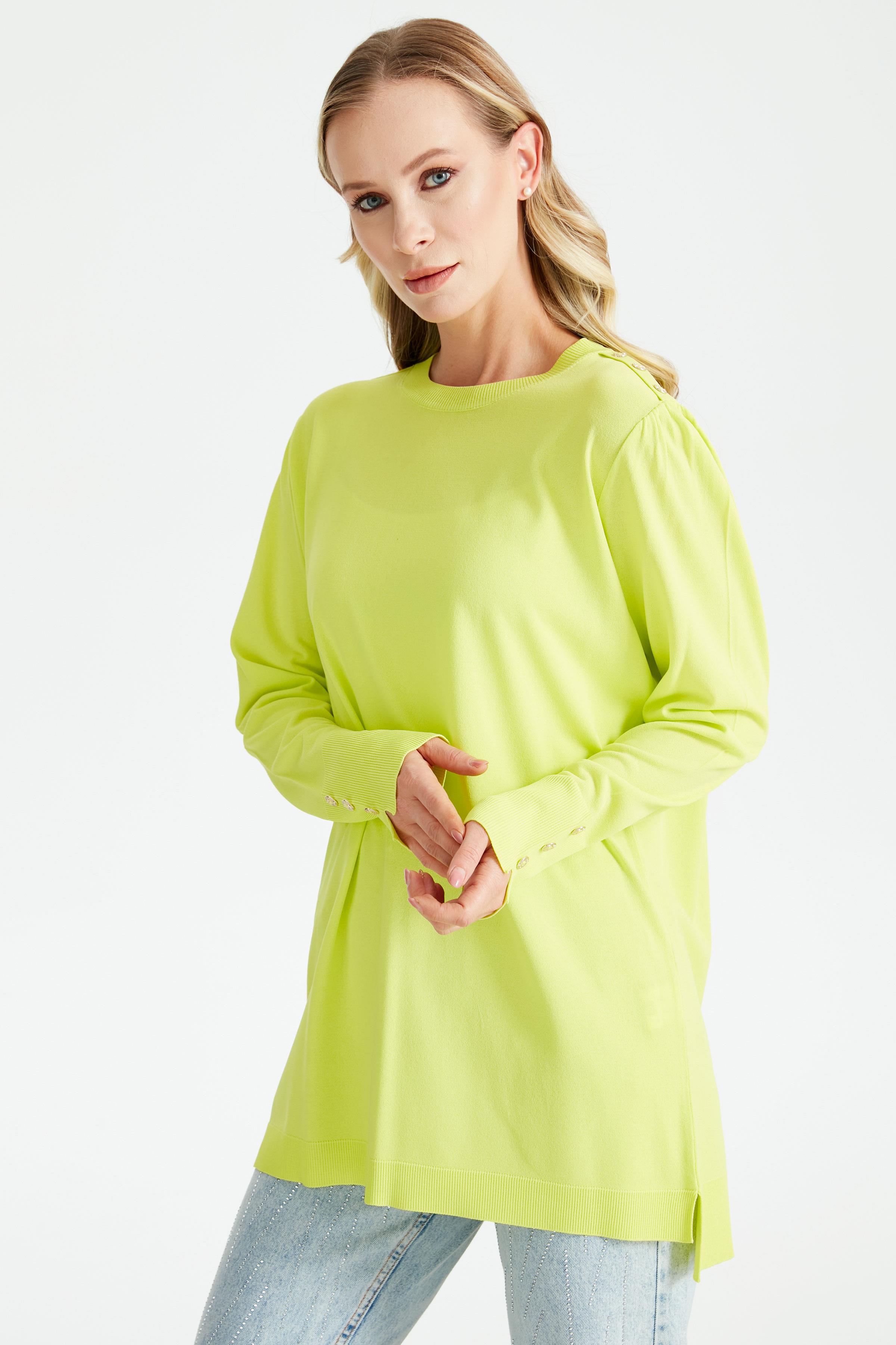 KOLLARI BÜZGÜLÜ DÜĞME DETAYLI RAYON TUNİK NEON
