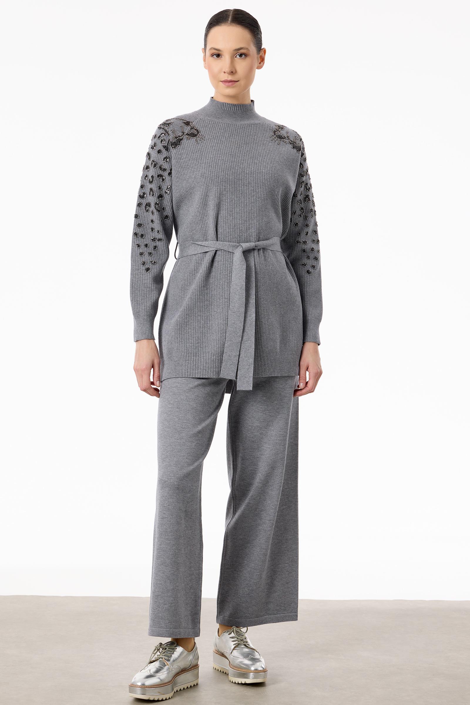 Kolları Leopar Payetli Fitilli Triko Takım GRİ