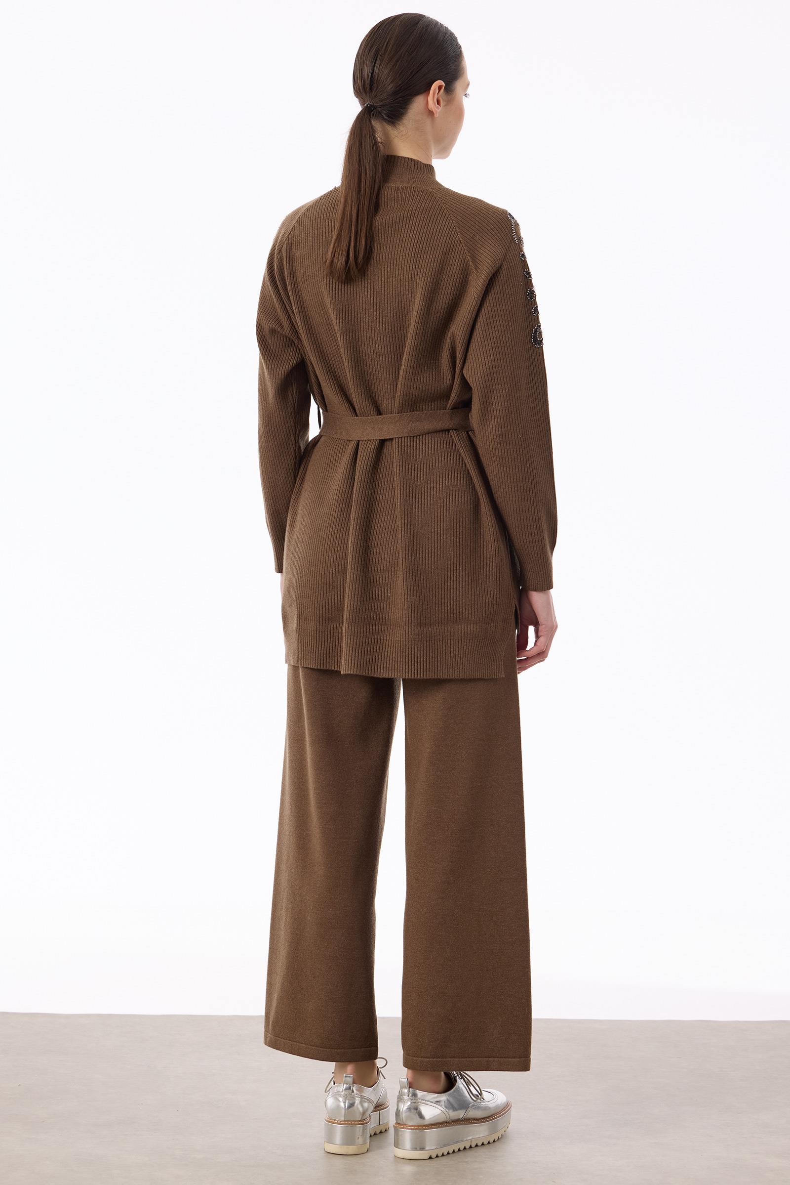 Kolları Leopar Payetli Fitilli Triko Takım KAHVE