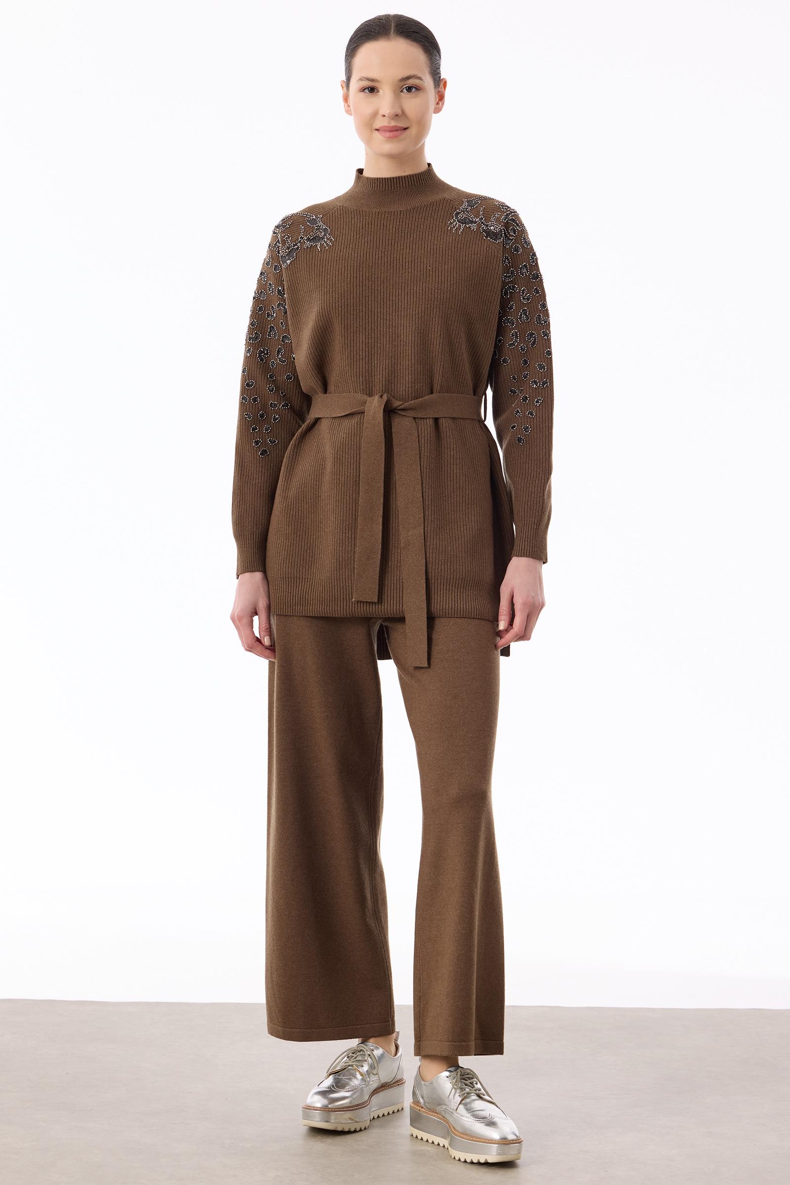 Kolları Leopar Payetli Fitilli Triko Takım KAHVE