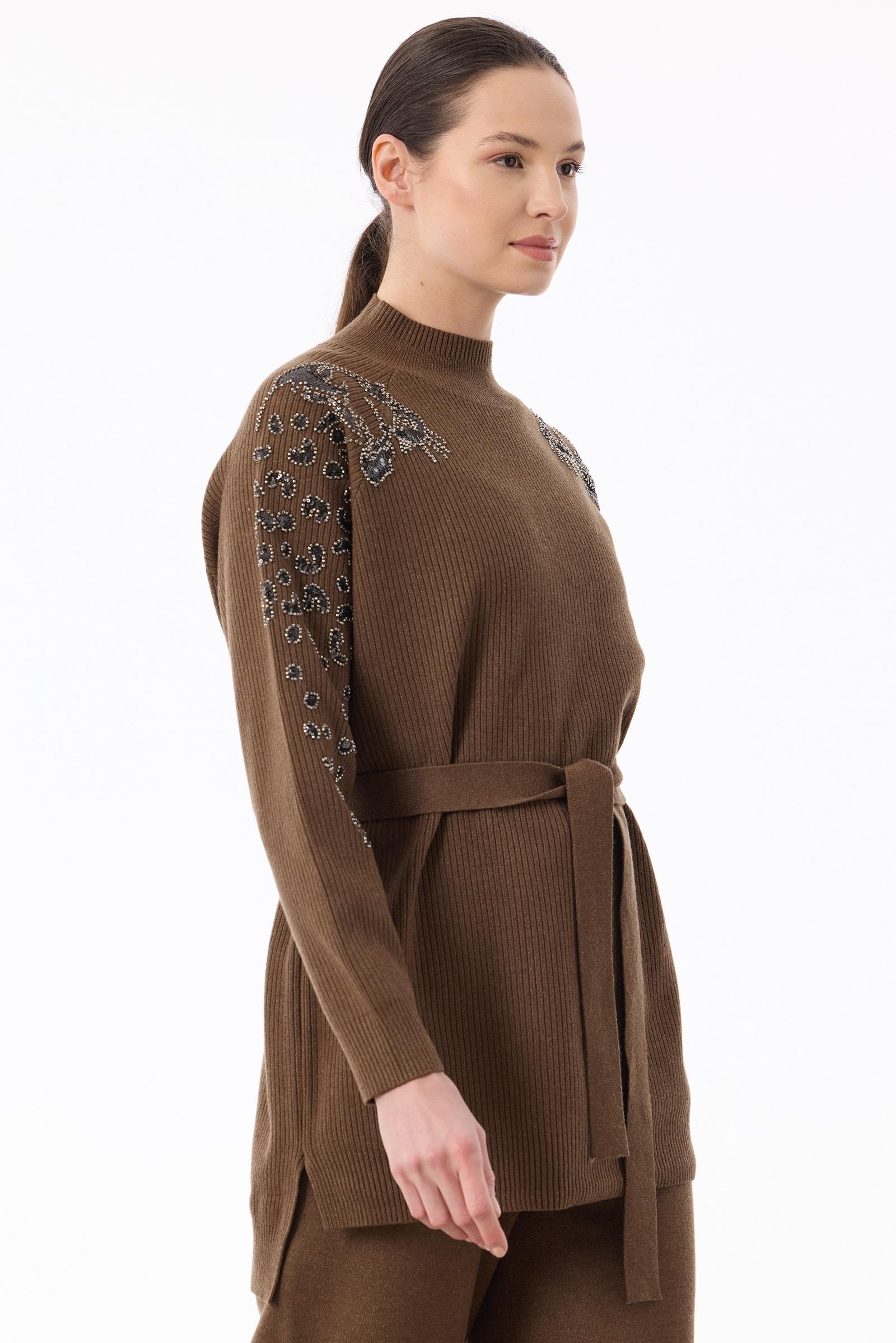 Kolları Leopar Payetli Fitilli Triko Takım KAHVE