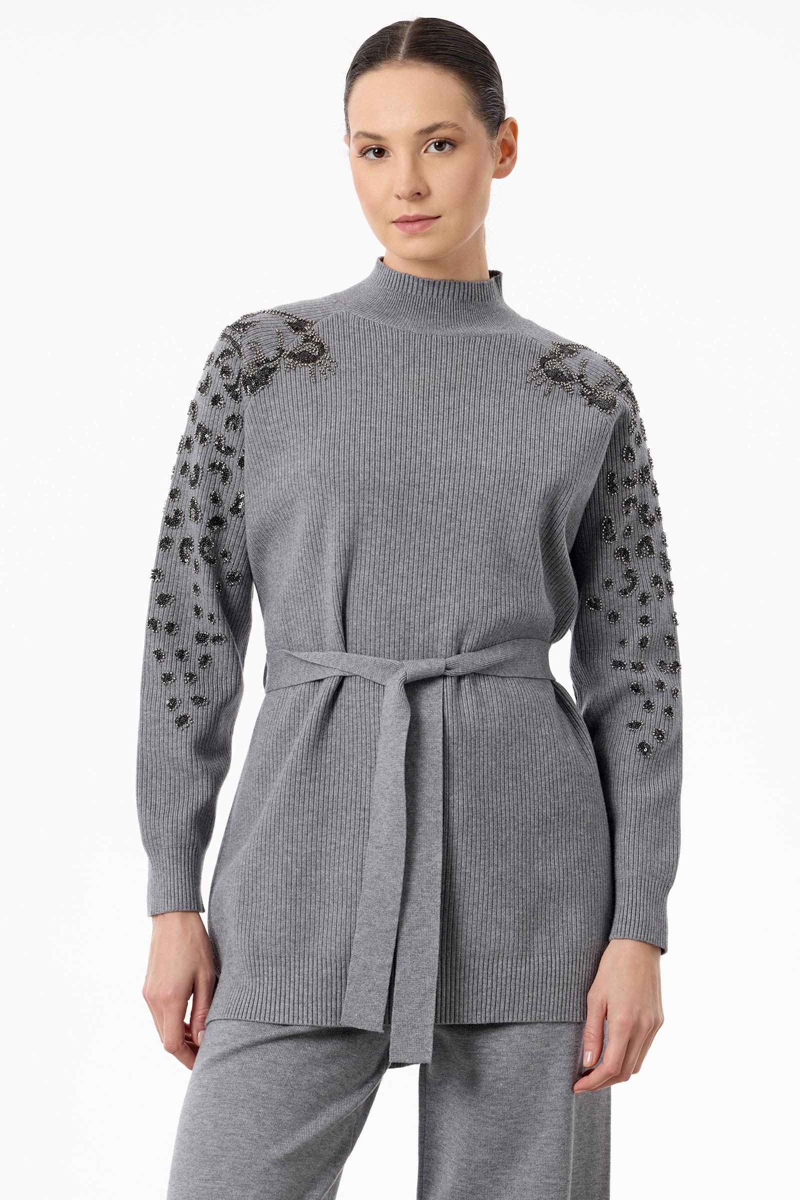 Kolları Leopar Payetli Fitilli Triko Takım GRİ