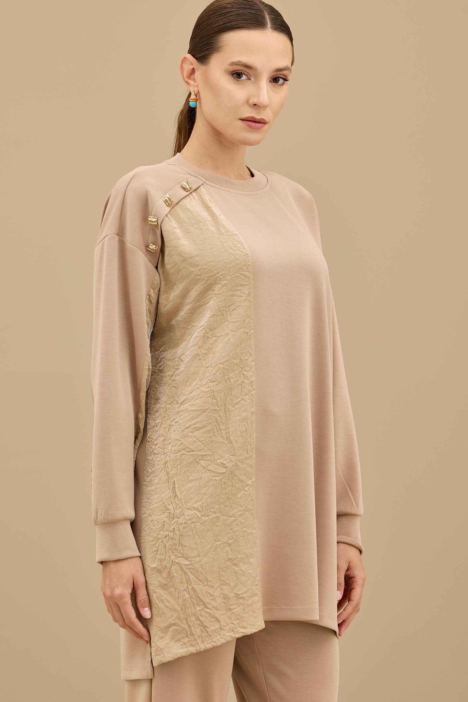 Kraş Mixli Düğme Detaylı Pantolonlu Takım CAMEL