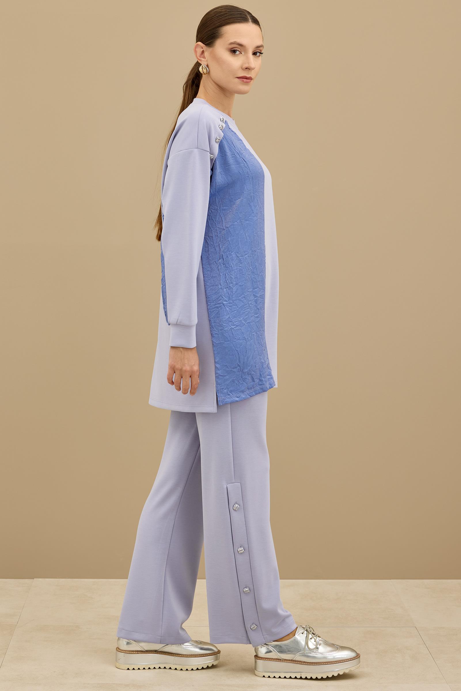 Kraş Mixli Düğme Detaylı Pantolonlu Takım MAVİ