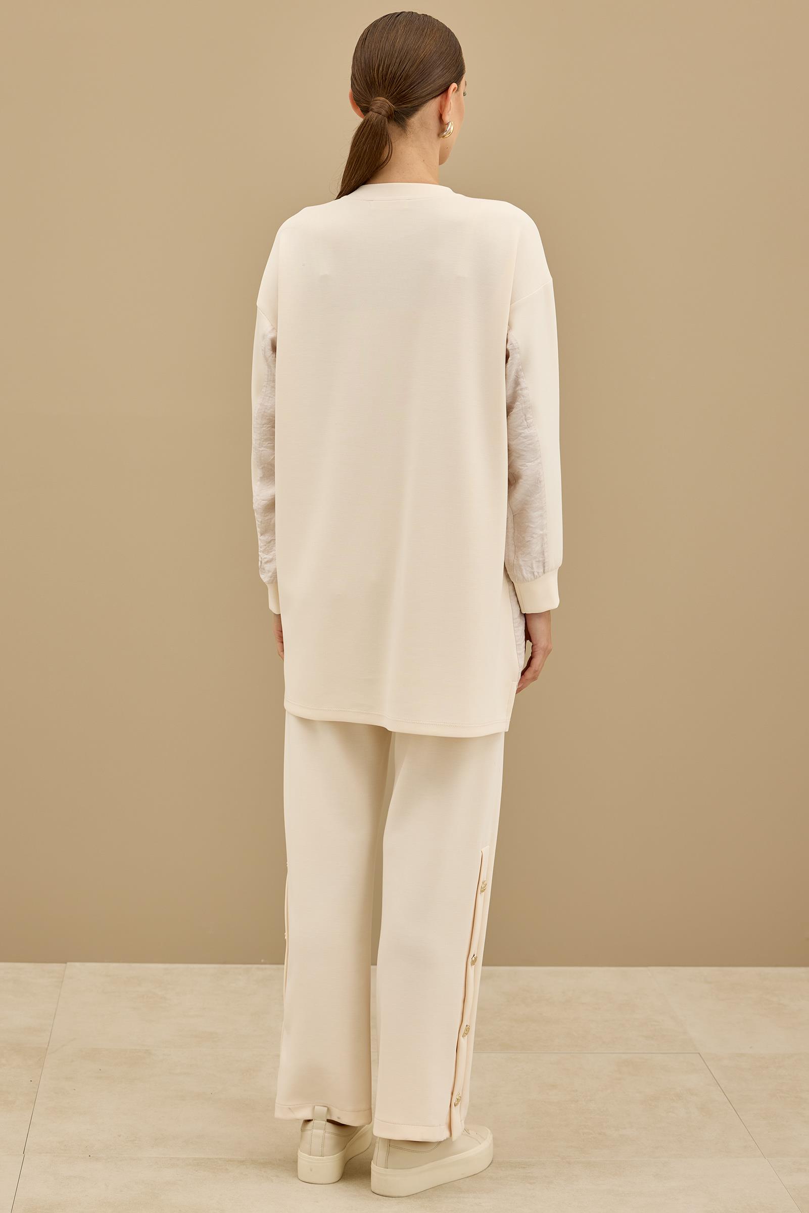 Kraş Mixli Düğme Detaylı Pantolonlu Takım BEJ