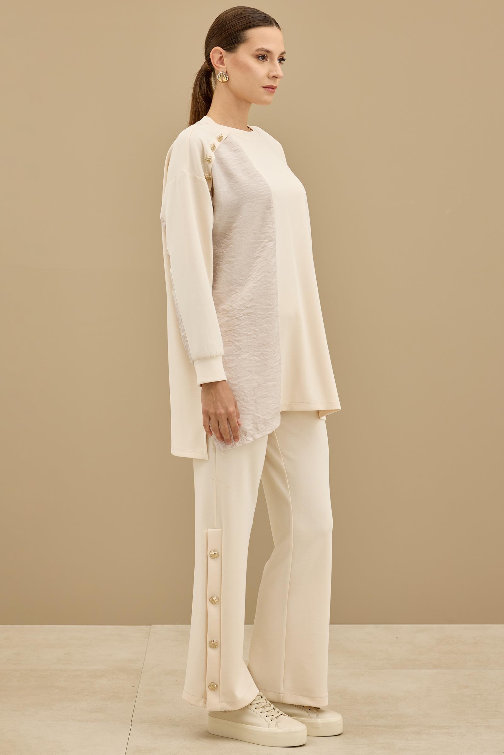 Kraş Mixli Düğme Detaylı Pantolonlu Takım BEJ