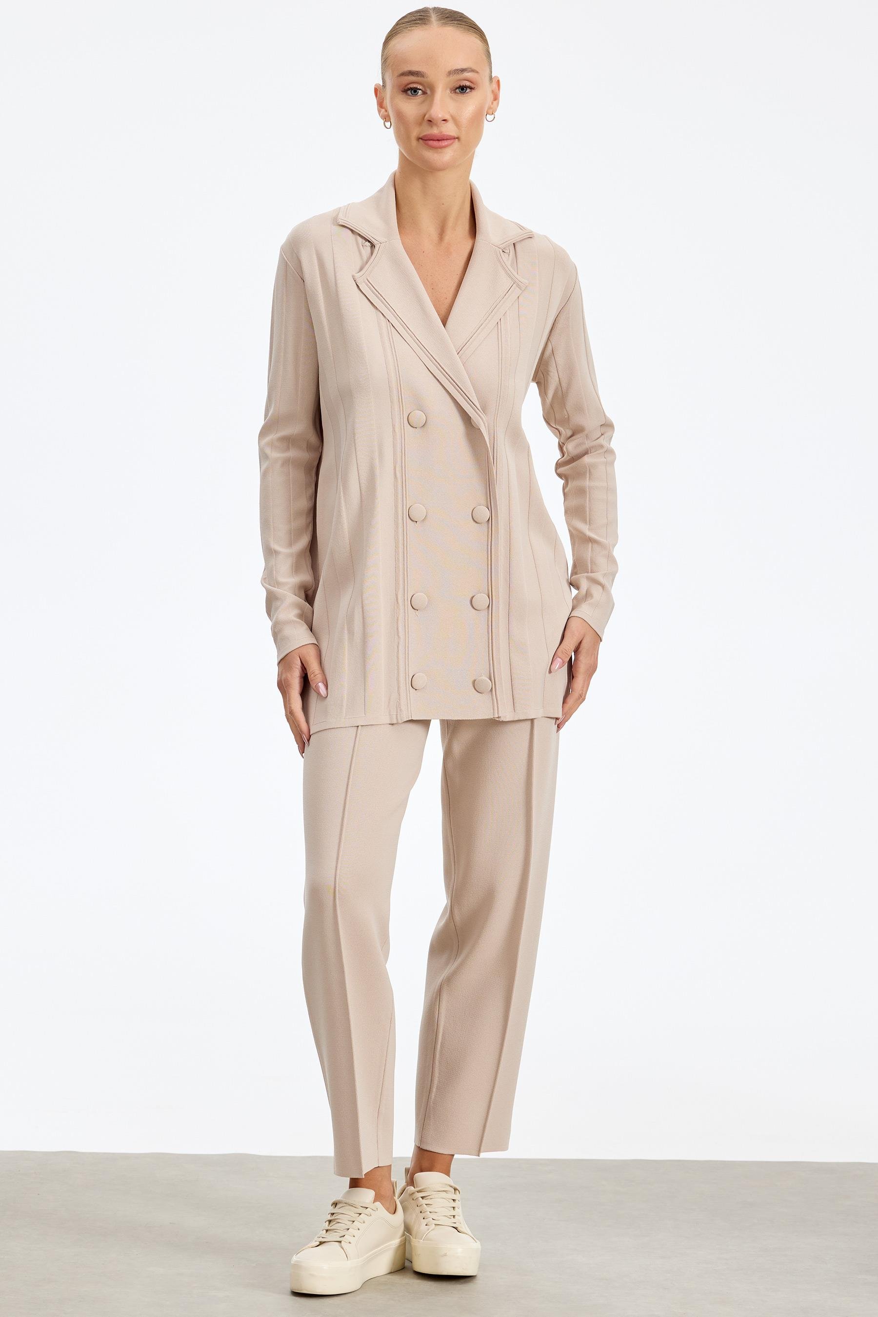 Kruvaze Düğmeli Rayon Takım BEJ