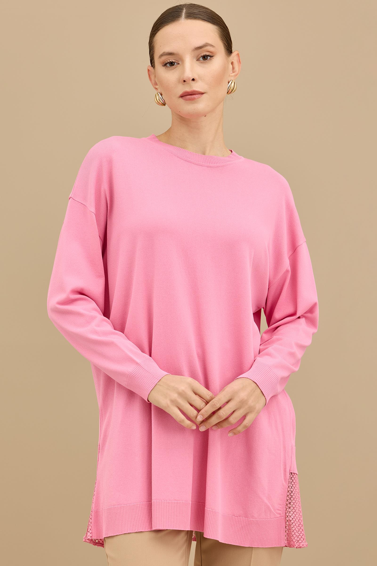 Kumaş Garnili Triko Tunik PEMBE