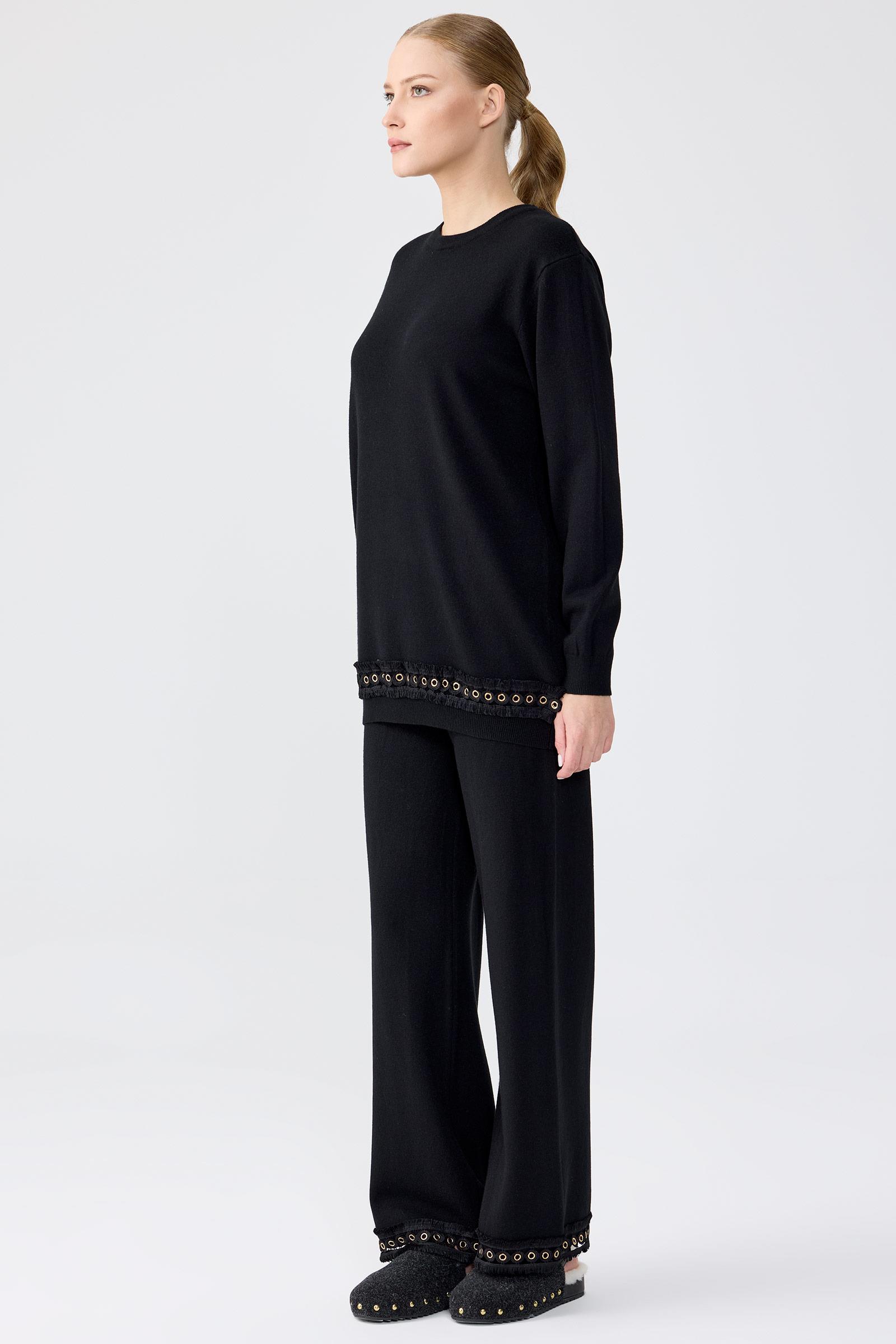 Kuş Gözü Aksesuarlı Pantolonlu Triko Takım SİYAH