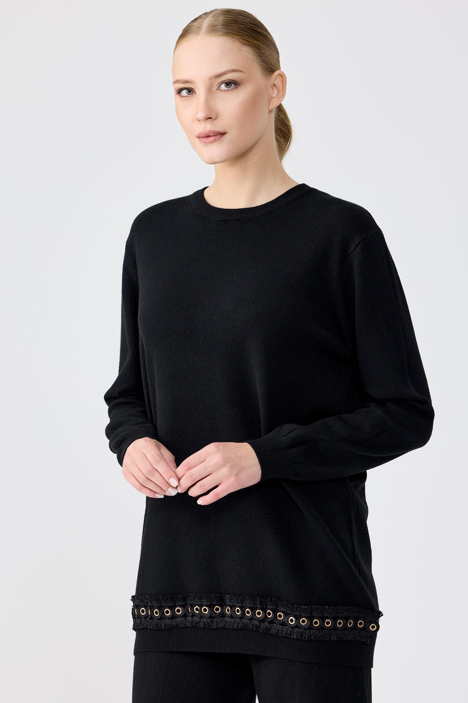 Kuş Gözü Aksesuarlı Pantolonlu Triko Takım SİYAH