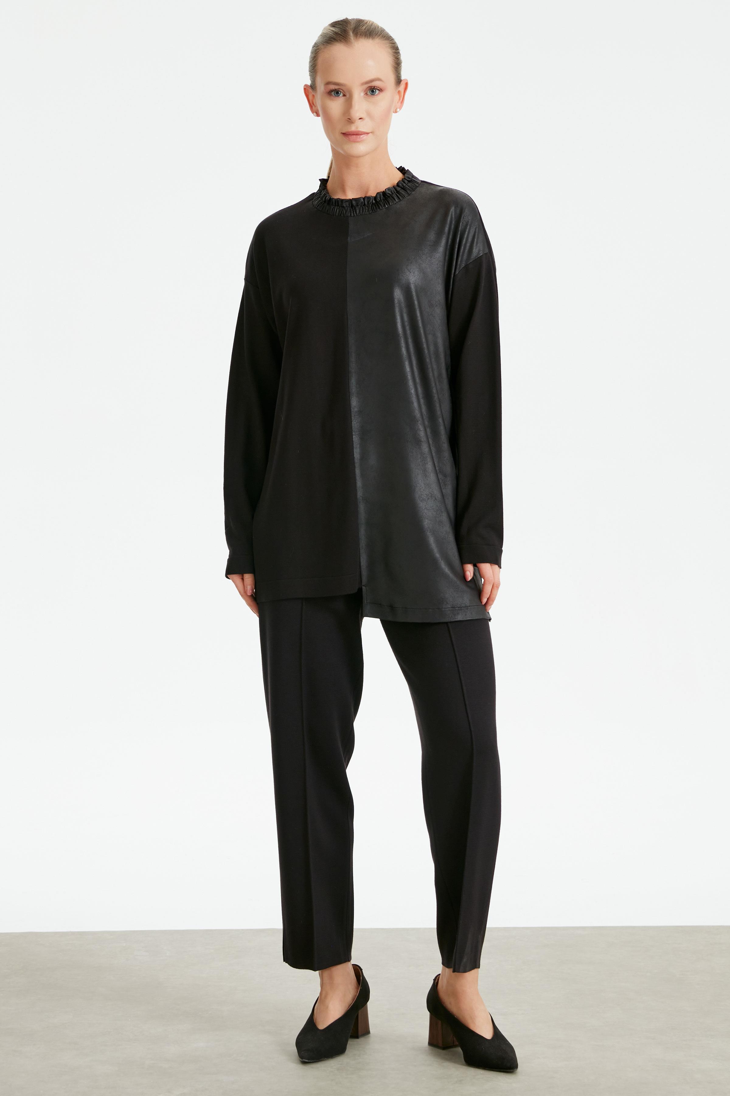 Laklı Deri Kombinli Takım SİYAH