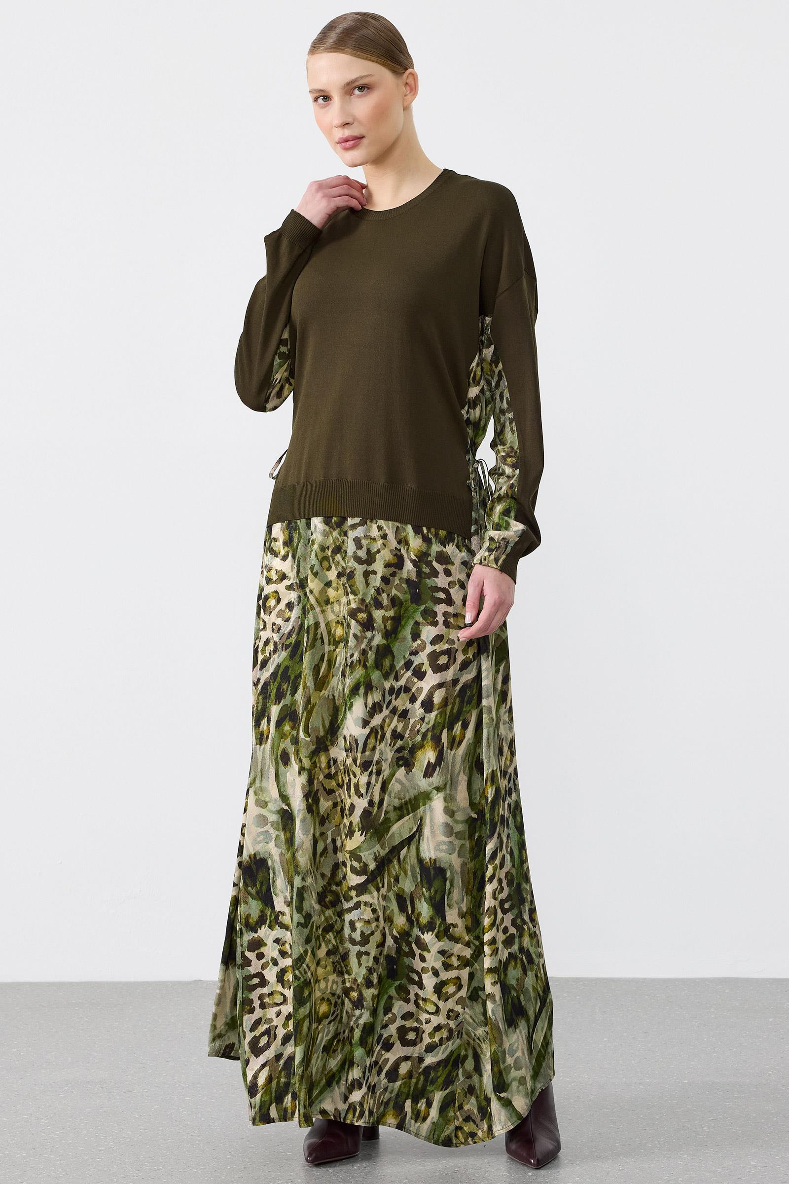 Leopar Desenli Mix Elbise HAKİ