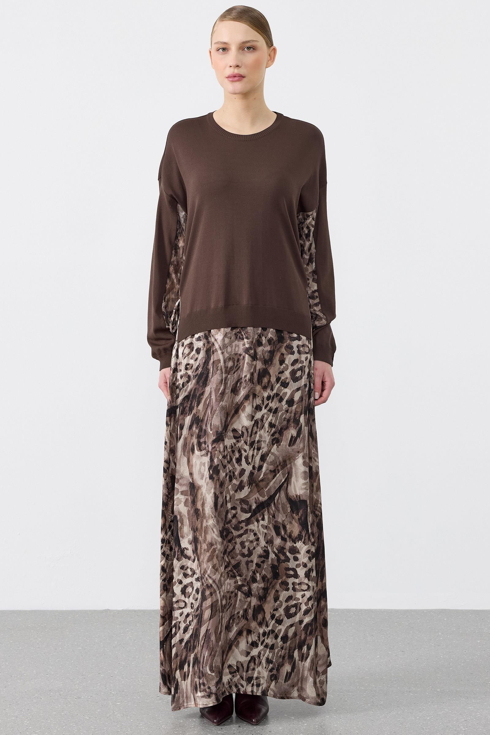 Leopar Desenli Mix Elbise KAHVE