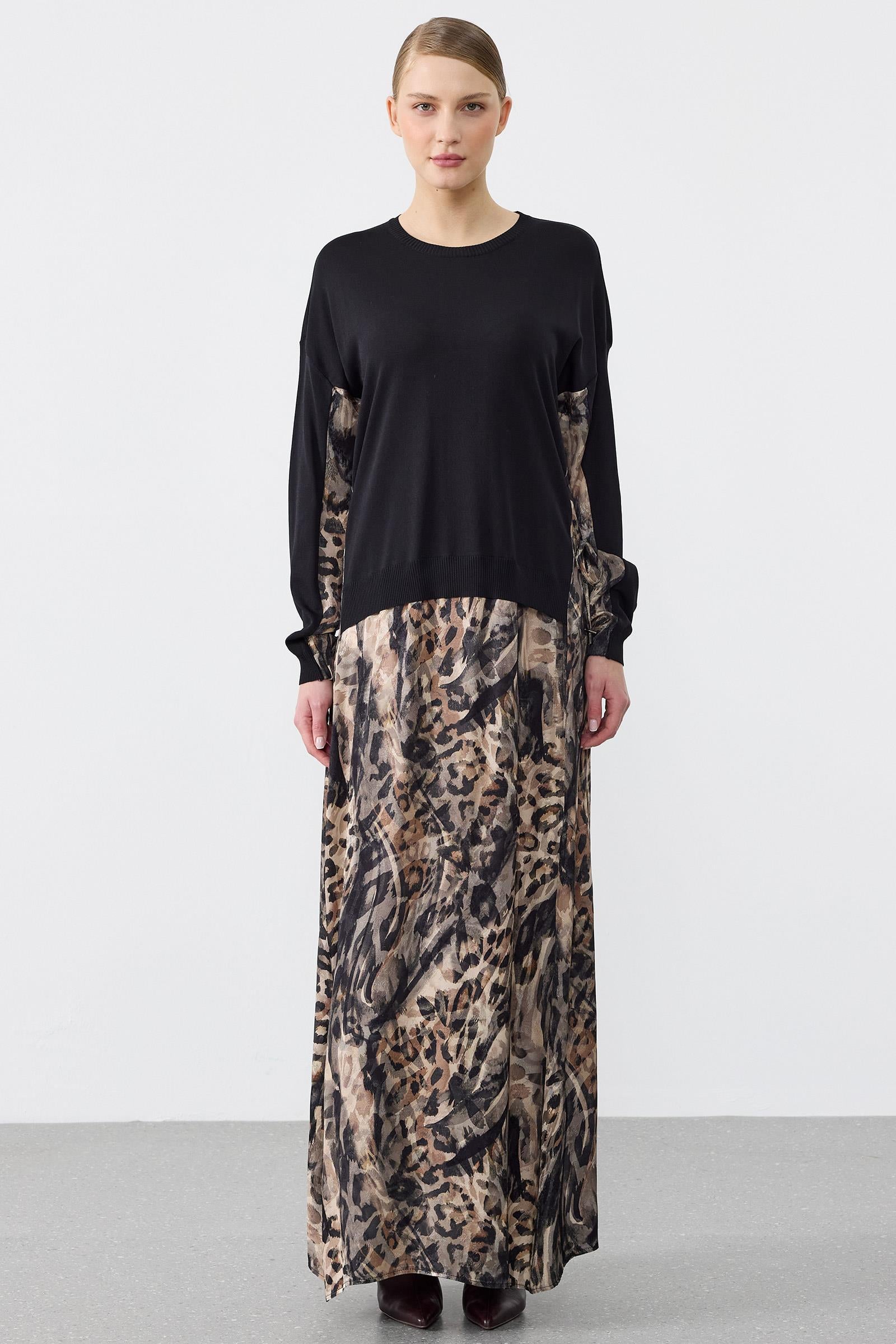 Leopar Desenli Mix Elbise SİYAH