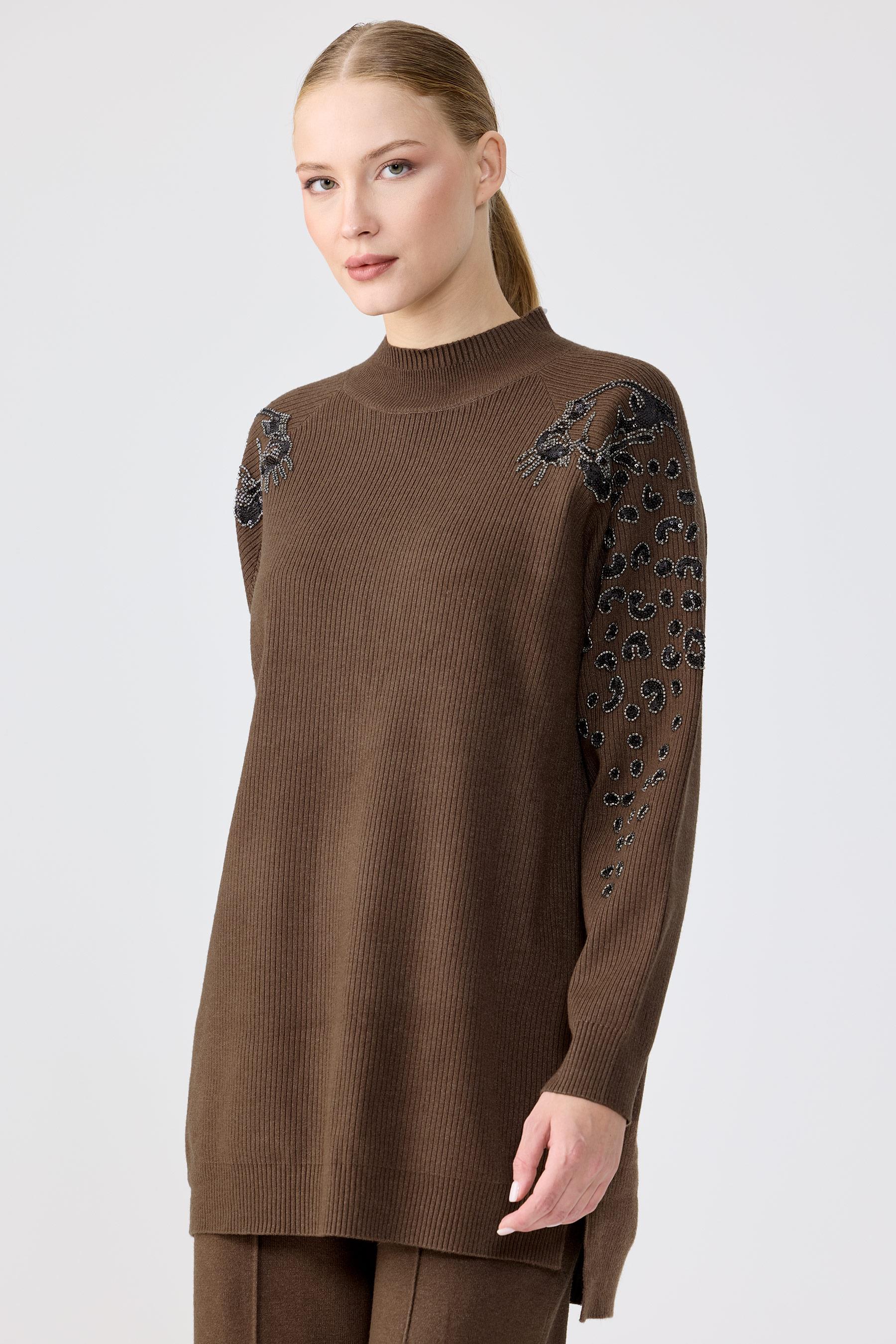 Leopar Taş işlemeli Tunik Pantolon Takım KAHVE