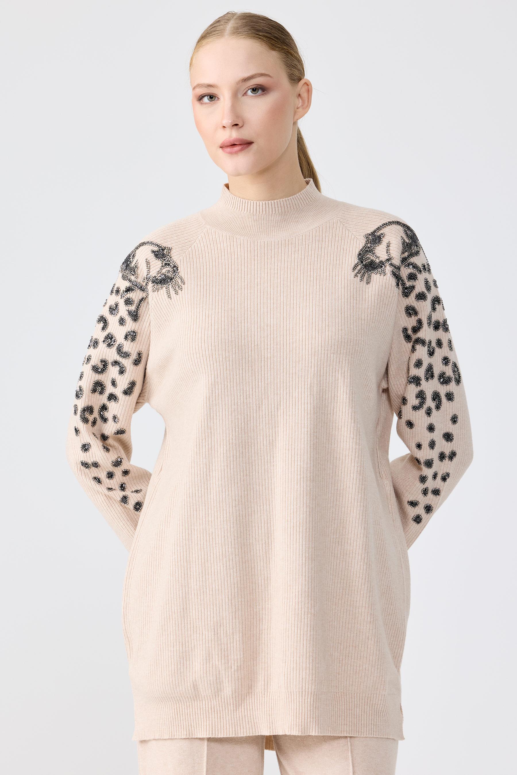 Leopar Taş işlemeli Tunik Pantolon Takım TAŞ