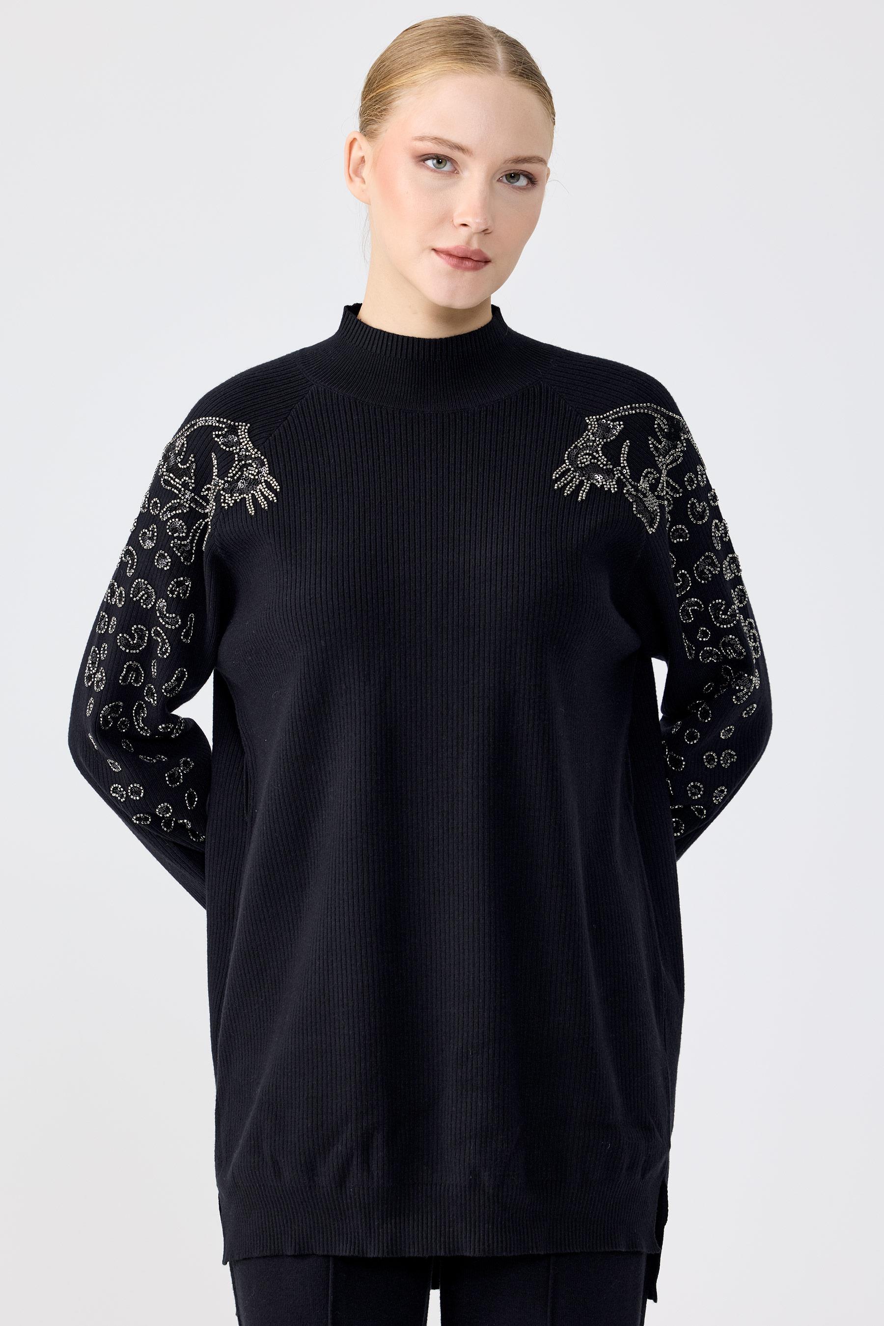 Leopar Taş işlemeli Tunik Pantolon Takım SİYAH