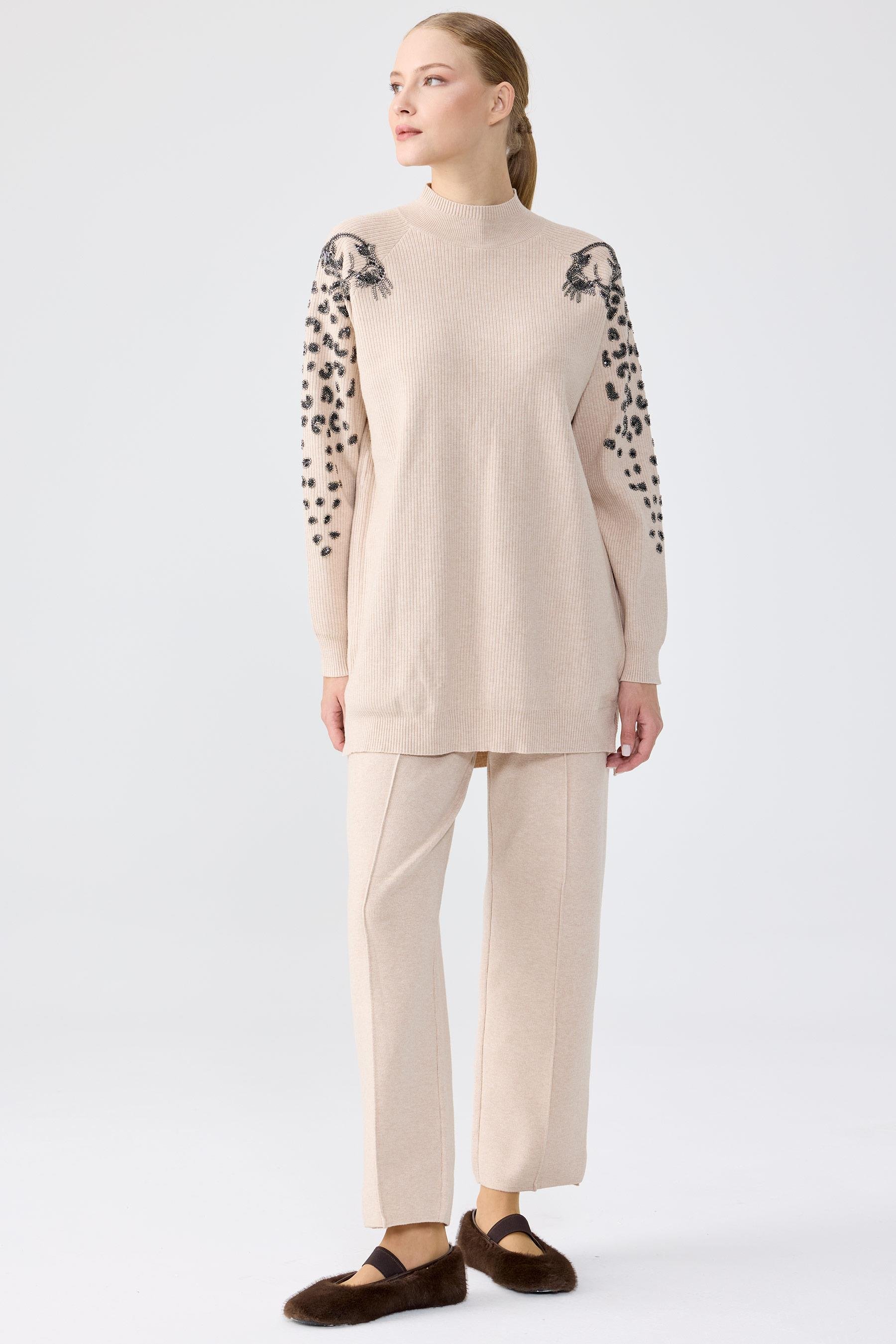 Leopar Taş işlemeli Tunik Pantolon Takım TAŞ