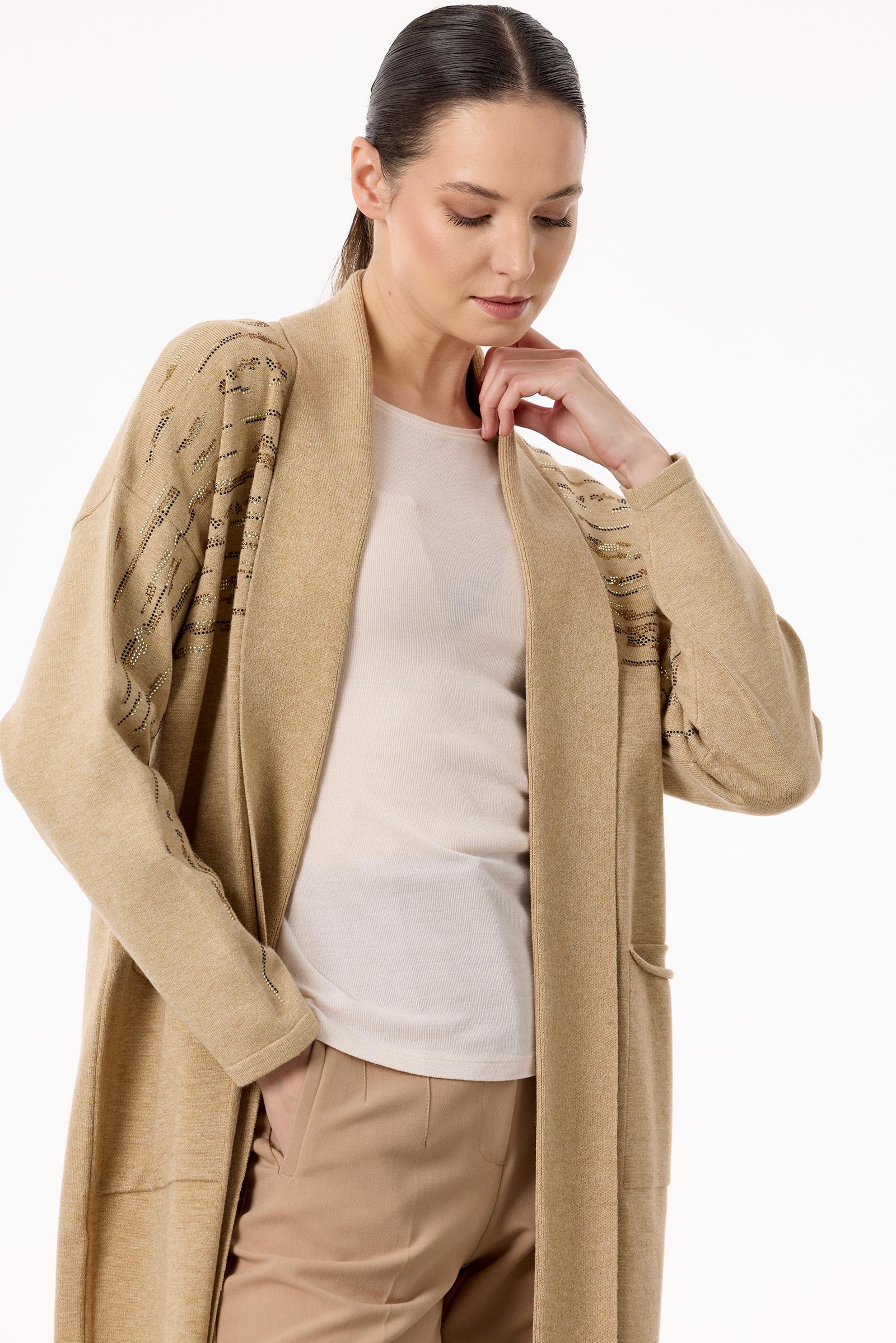 Omuzları Taşlı Şal Yakalı Triko Hırka CAMEL