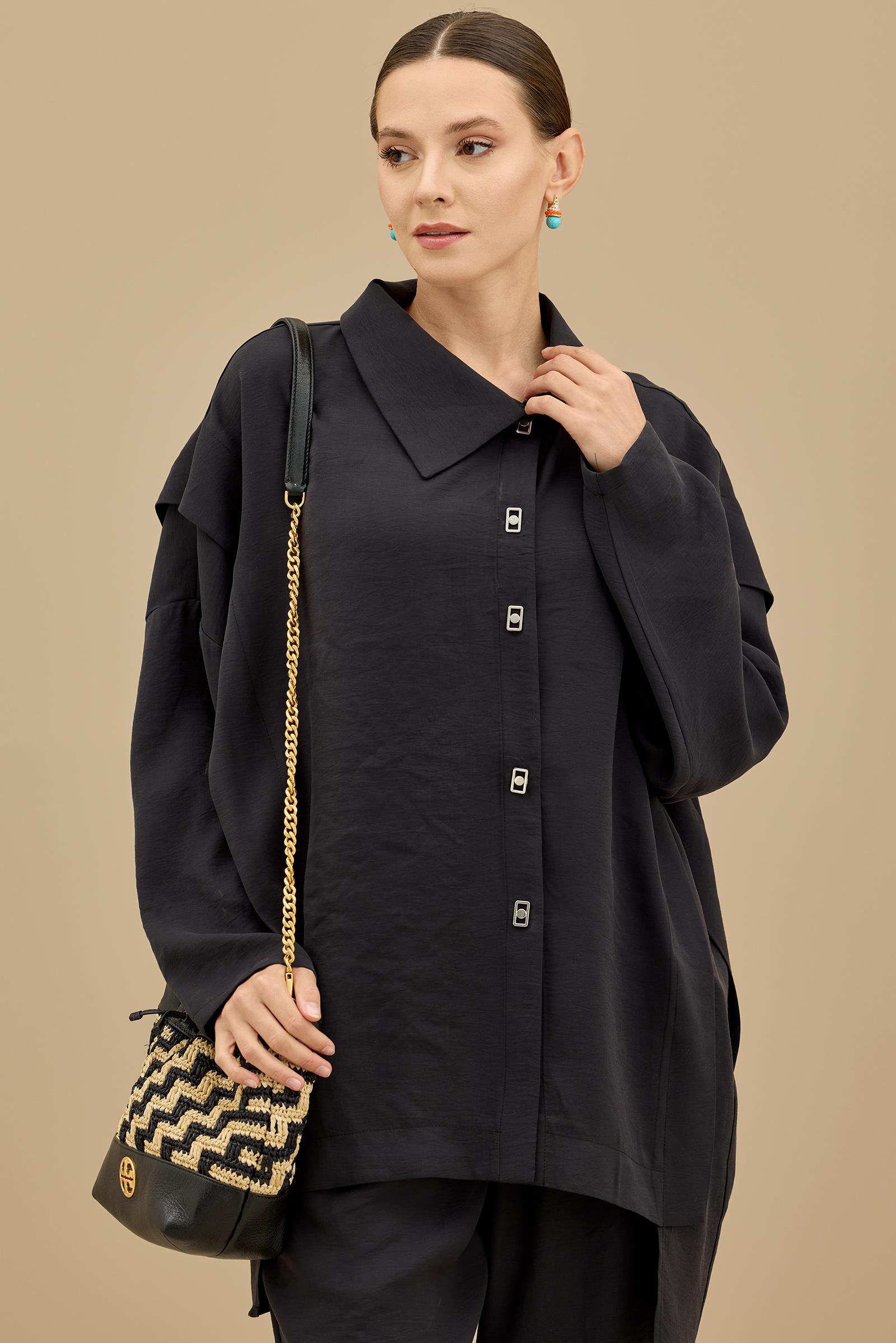 Önden Çıtçıtlı Asimetrik Oversize Takım SİYAH