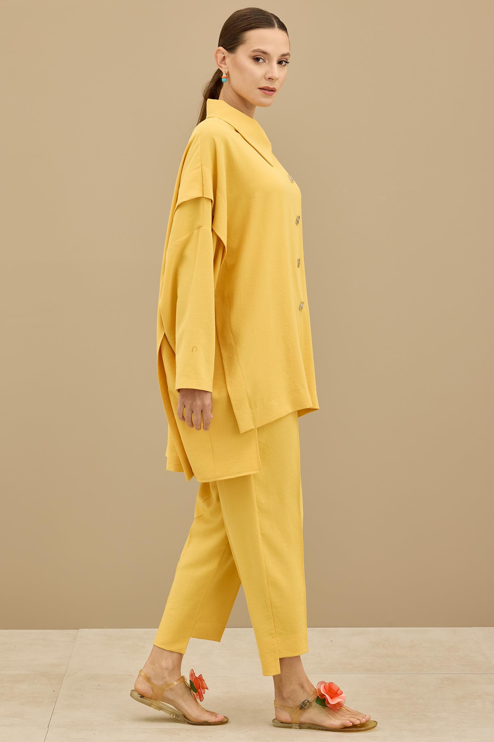 Önden Çıtçıtlı Asimetrik Oversize Takım SARI