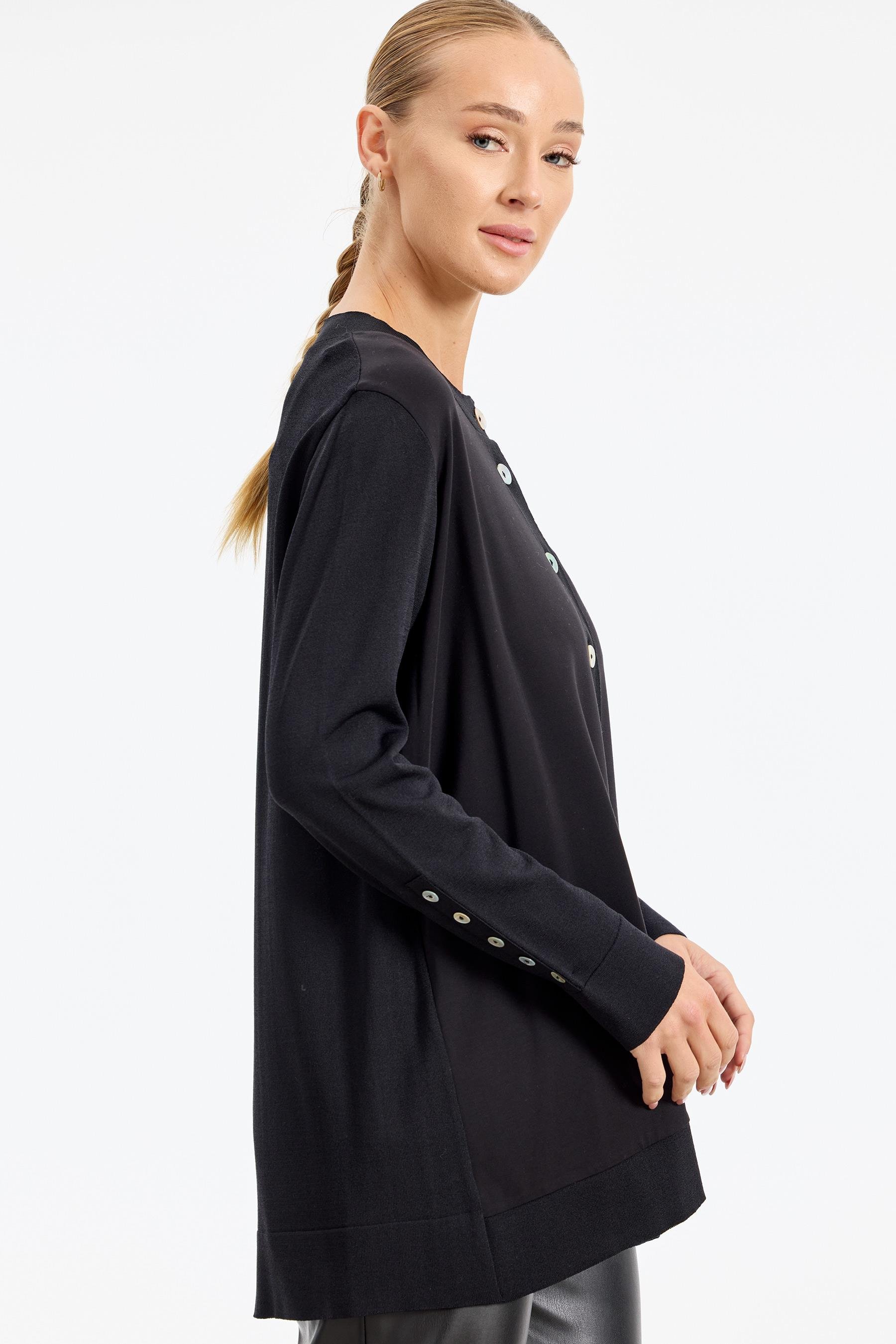Önü Flora Kumaş Garnili Rayon Hırka SİYAH